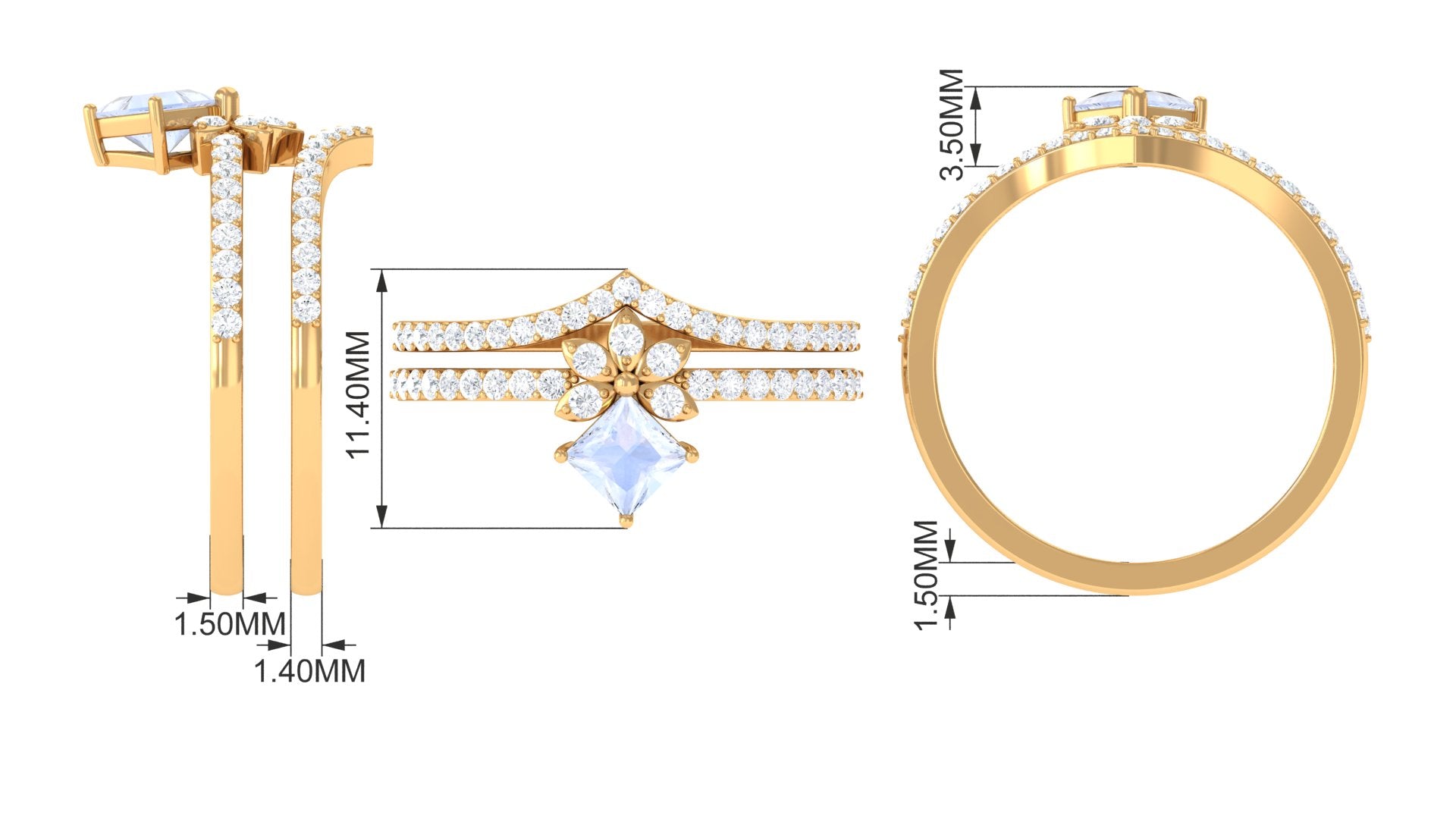 Princess Cut Moonstone and Diamond Flower Ring Set Moonstone - ( AAA ) - Quality - Rosec Jewels