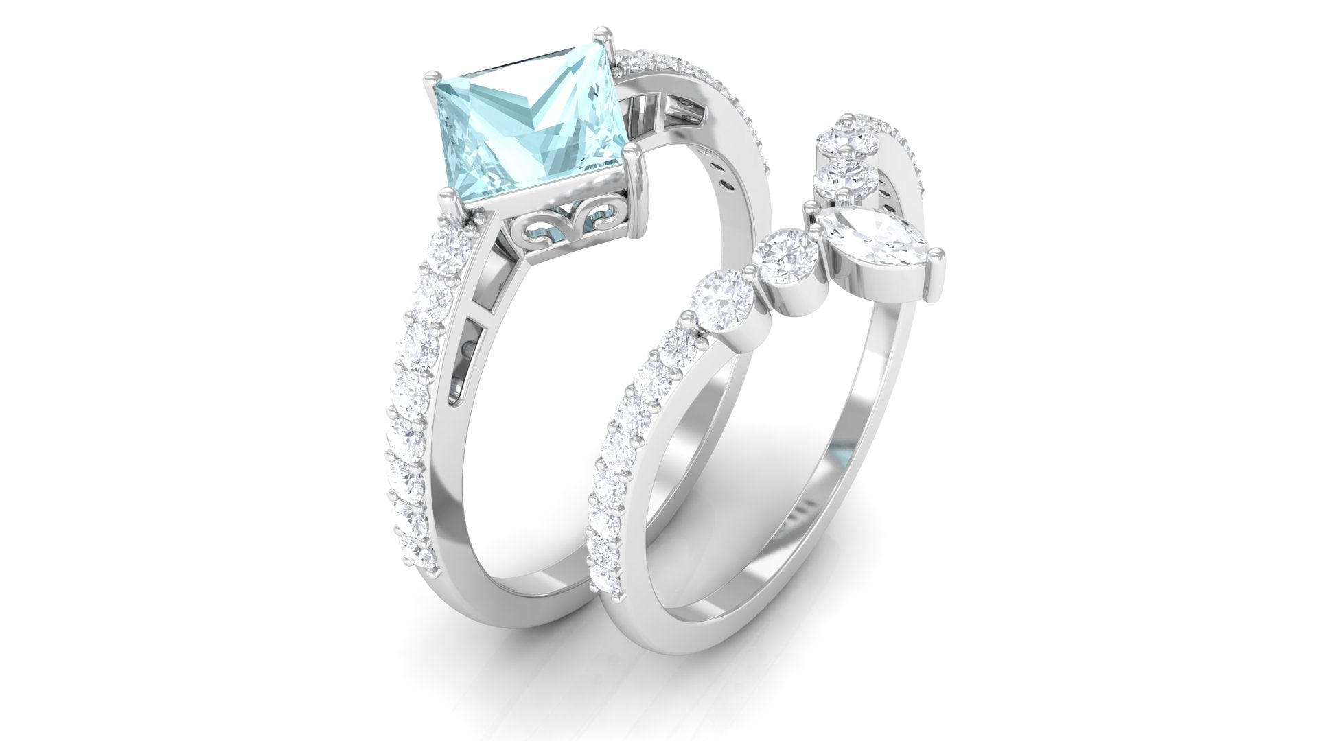 Princess Cut Solitaire Sky Blue Topaz Designer Ring Set with Moissanite Sky Blue Topaz - ( AAA ) - Quality - Rosec Jewels