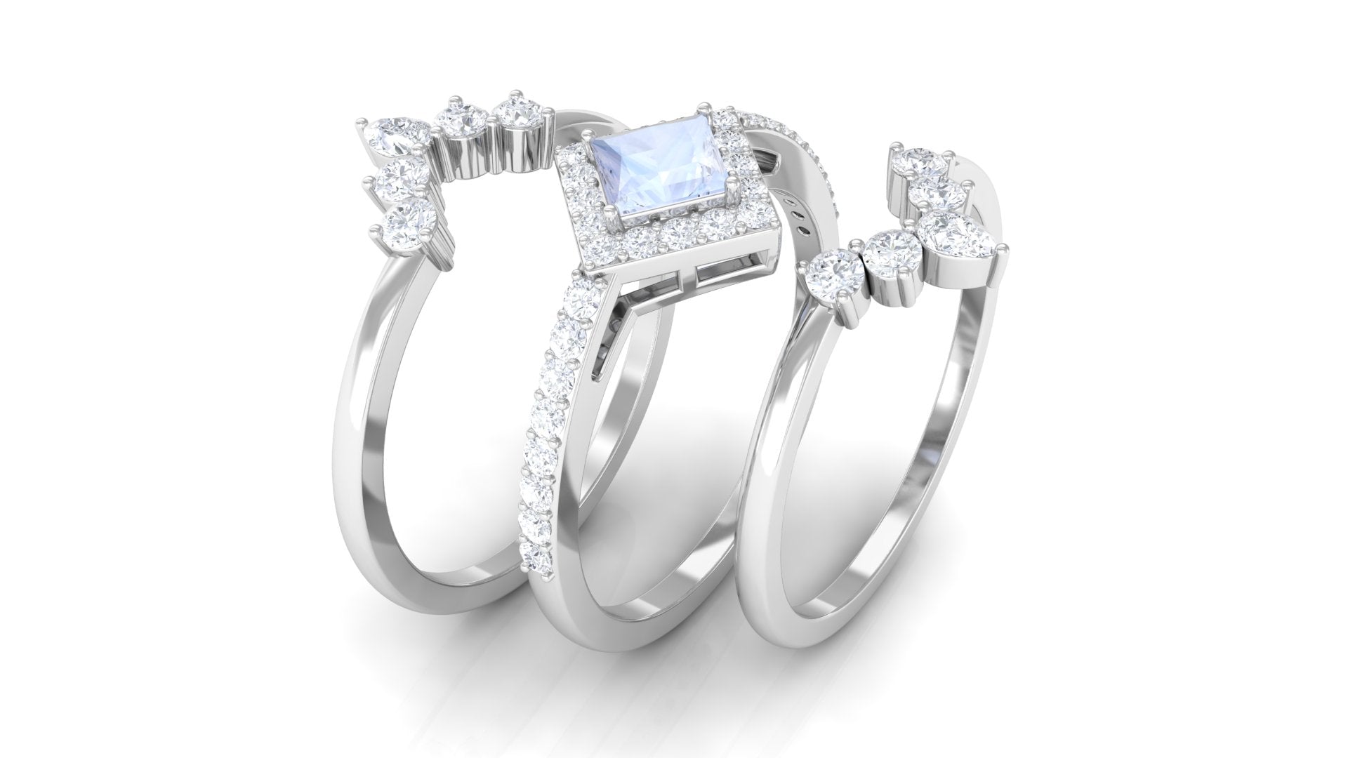 Natural Moonstone and Moissanite Trio Wedding Ring Set Moonstone - ( AAA ) - Quality - Rosec Jewels