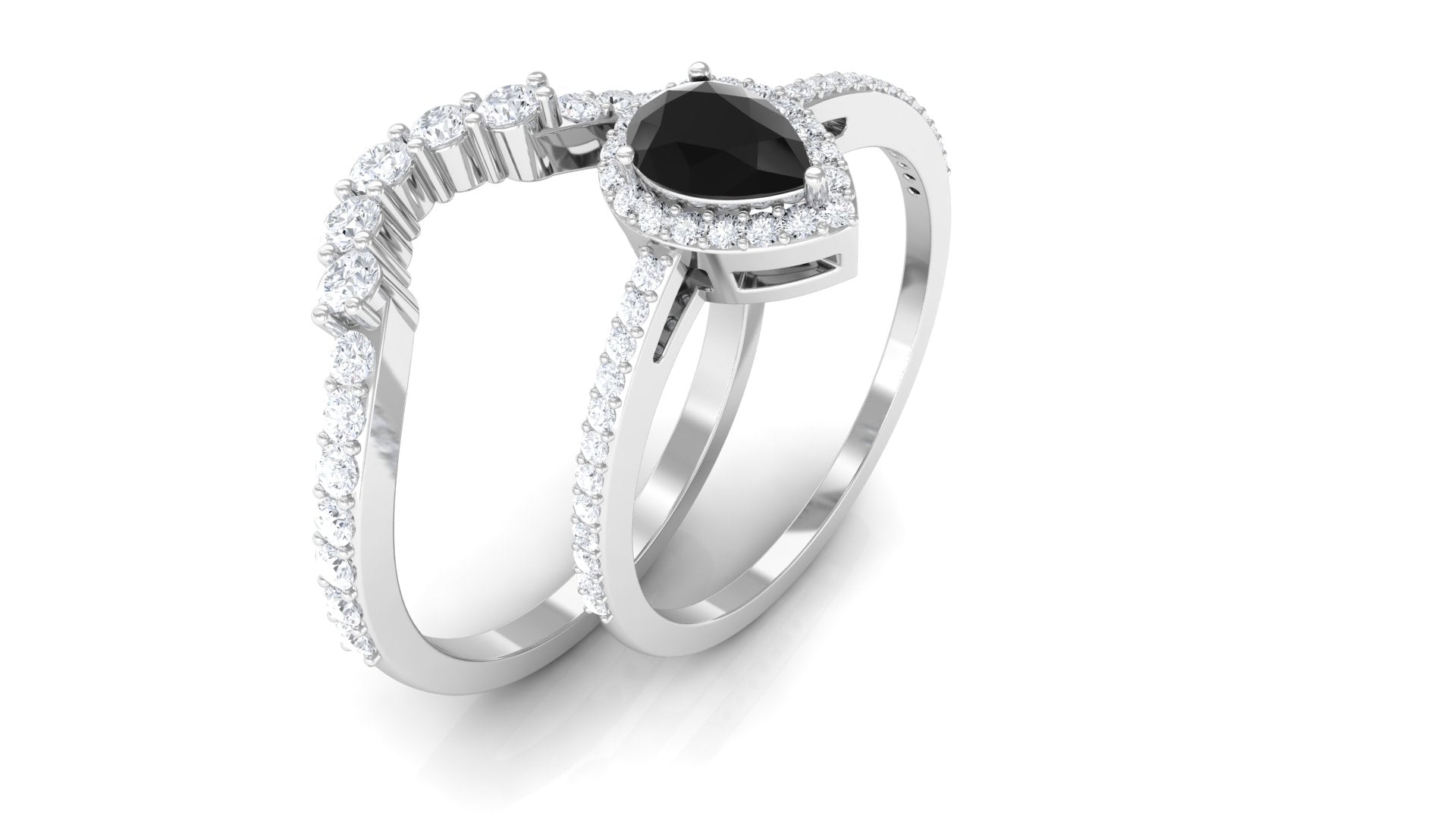 Black Spinel Designer Teardrop Ring Set with Moissanite Halo Black Spinel - ( AAA ) - Quality - Rosec Jewels