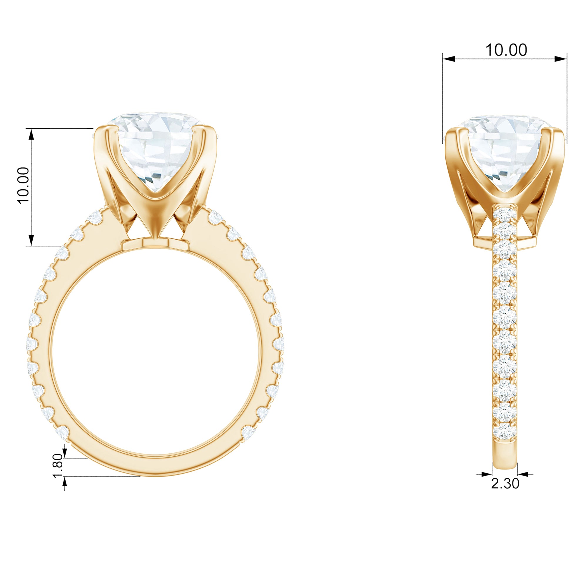 10 MM Round Moissanite Solitaire Engagement Ring with Side Stones Moissanite - ( D-VS1 ) - Color and Clarity - Rosec Jewels