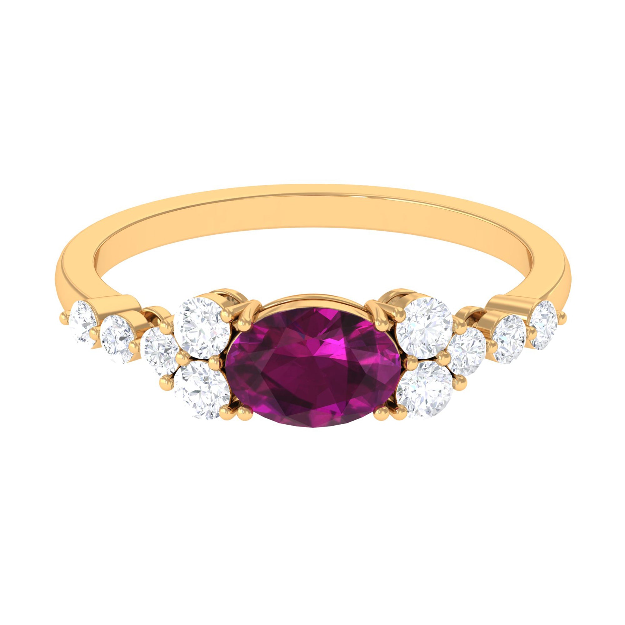 Real Rhodolite Solitaire East West Ring with Diamond Stones Rhodolite - ( AAA ) - Quality - Rosec Jewels