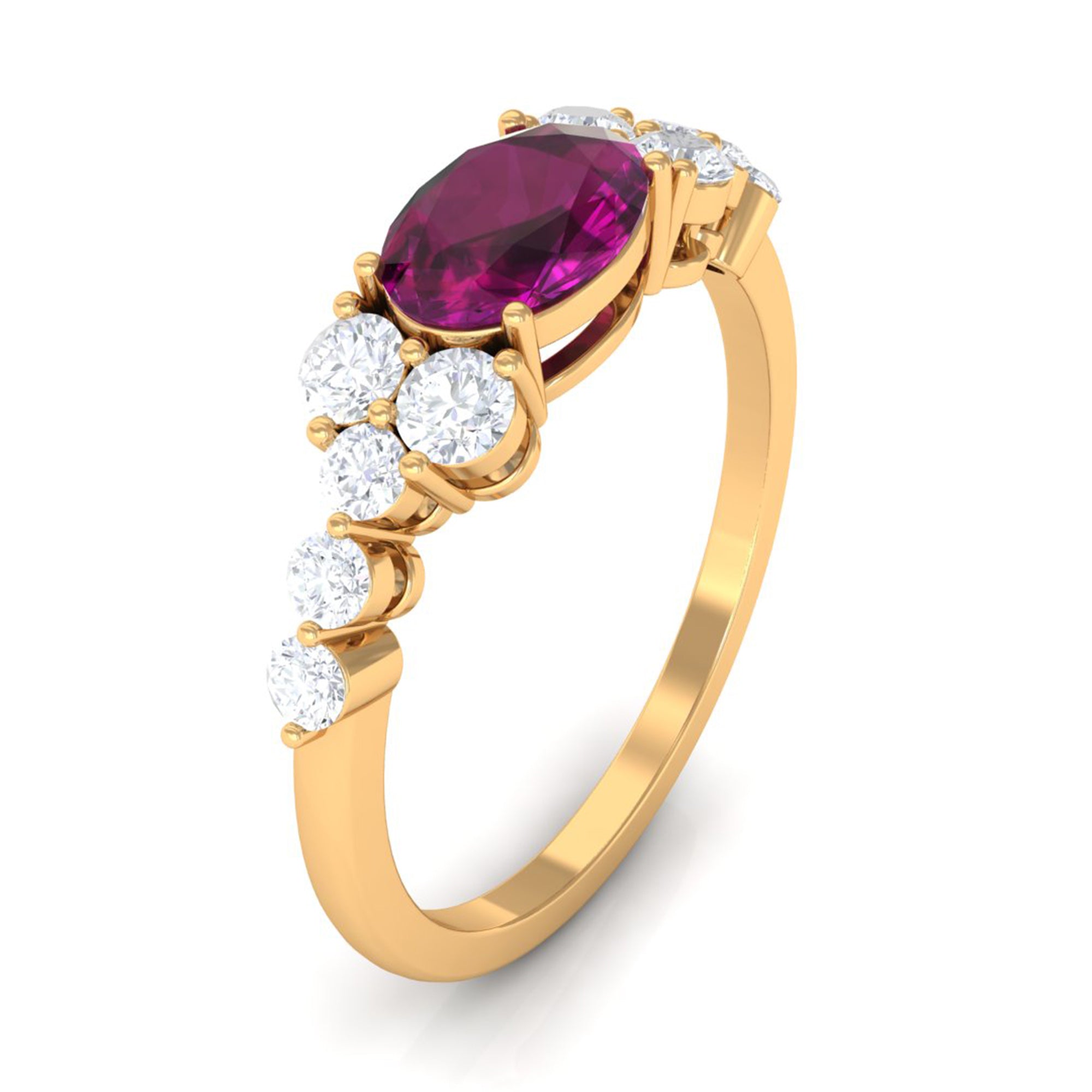 Real Rhodolite Solitaire East West Ring with Diamond Stones Rhodolite - ( AAA ) - Quality - Rosec Jewels