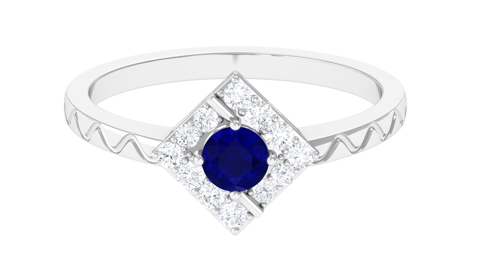 3/4 CT Minimal Blue Sapphire and Diamond Ring with Textured Details Blue Sapphire - ( AAA ) - Quality - Rosec Jewels