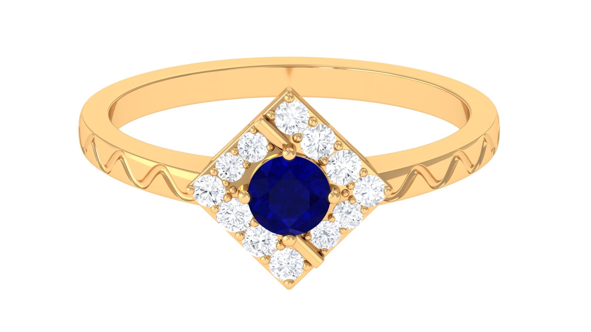 3/4 CT Minimal Blue Sapphire and Diamond Ring with Textured Details Blue Sapphire - ( AAA ) - Quality - Rosec Jewels