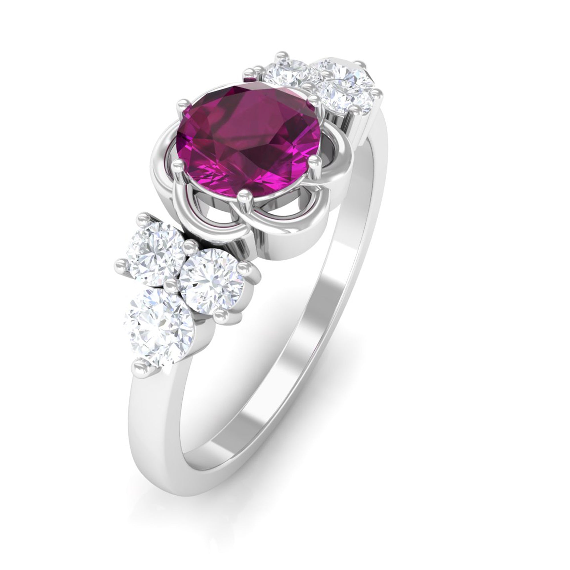 1.50 CT Natural Rhodolite Flower Ring with Diamond Trio Rhodolite - ( AAA ) - Quality - Rosec Jewels