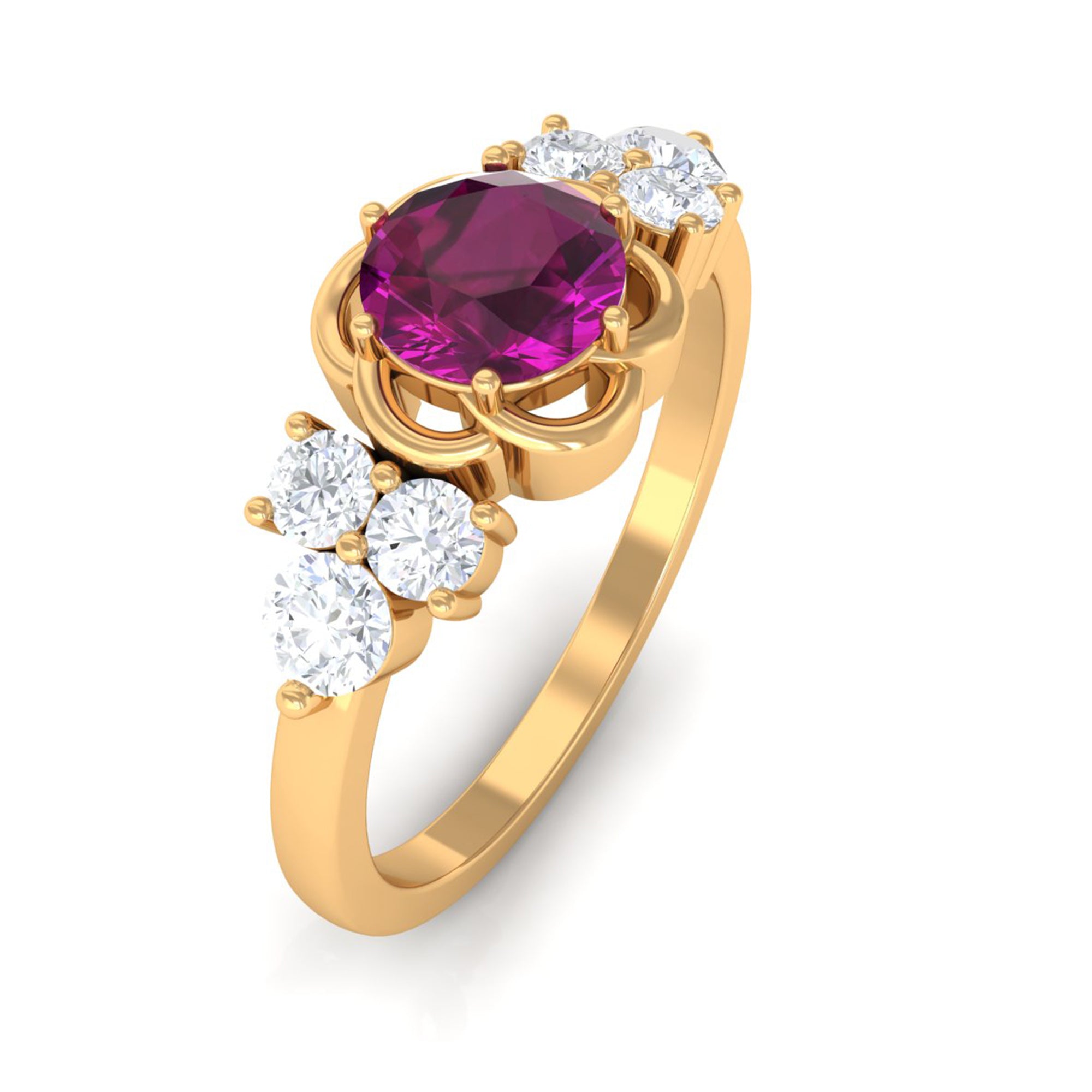 1.50 CT Natural Rhodolite Flower Ring with Diamond Trio Rhodolite - ( AAA ) - Quality - Rosec Jewels