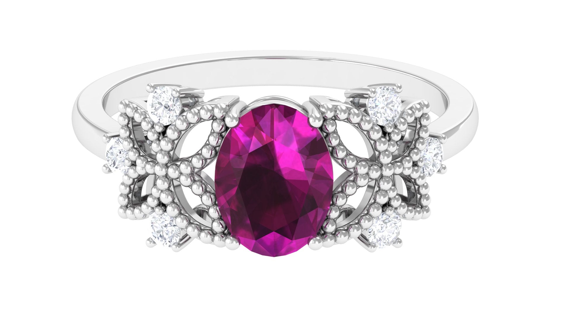 1.75 CT Oval Cut Rhodolite Solitaire Floral Ring with Diamond Rhodolite - ( AAA ) - Quality - Rosec Jewels