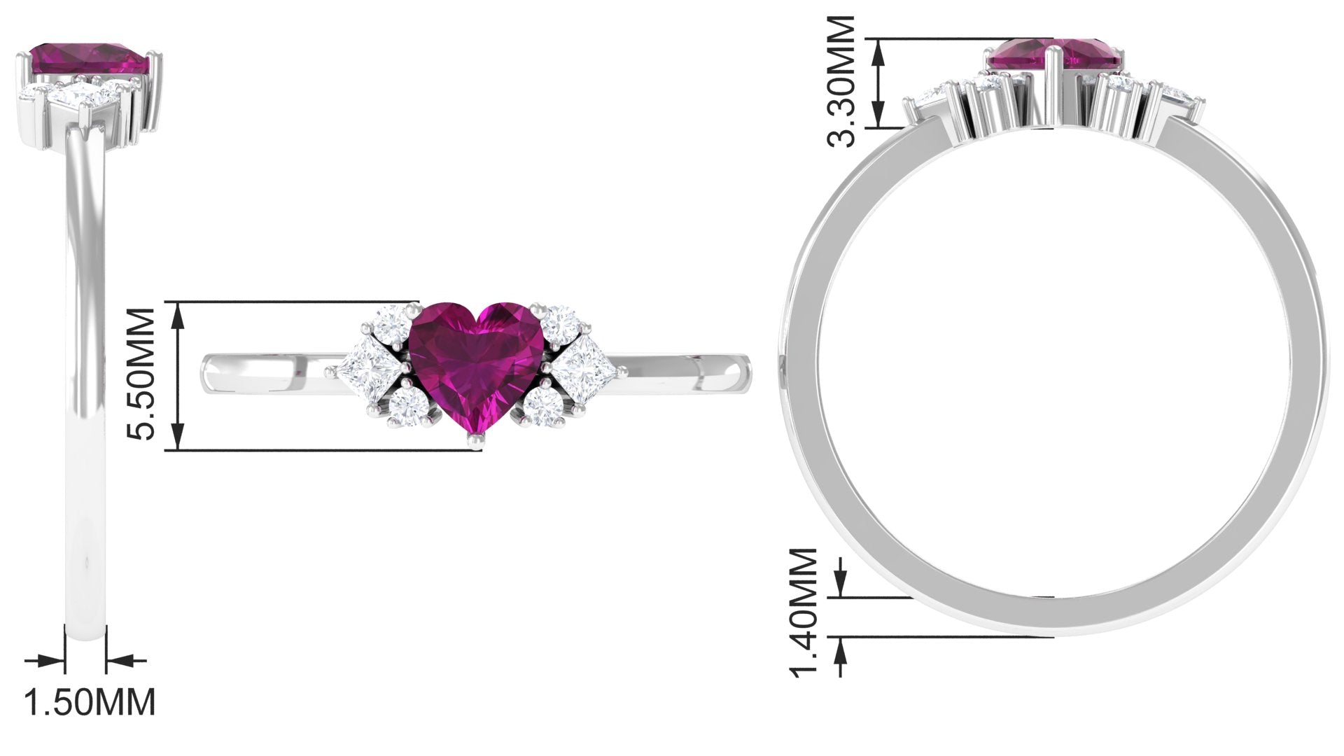 Heart Shape Rhodolite Ring with Diamond Stones Rhodolite - ( AAA ) - Quality - Rosec Jewels