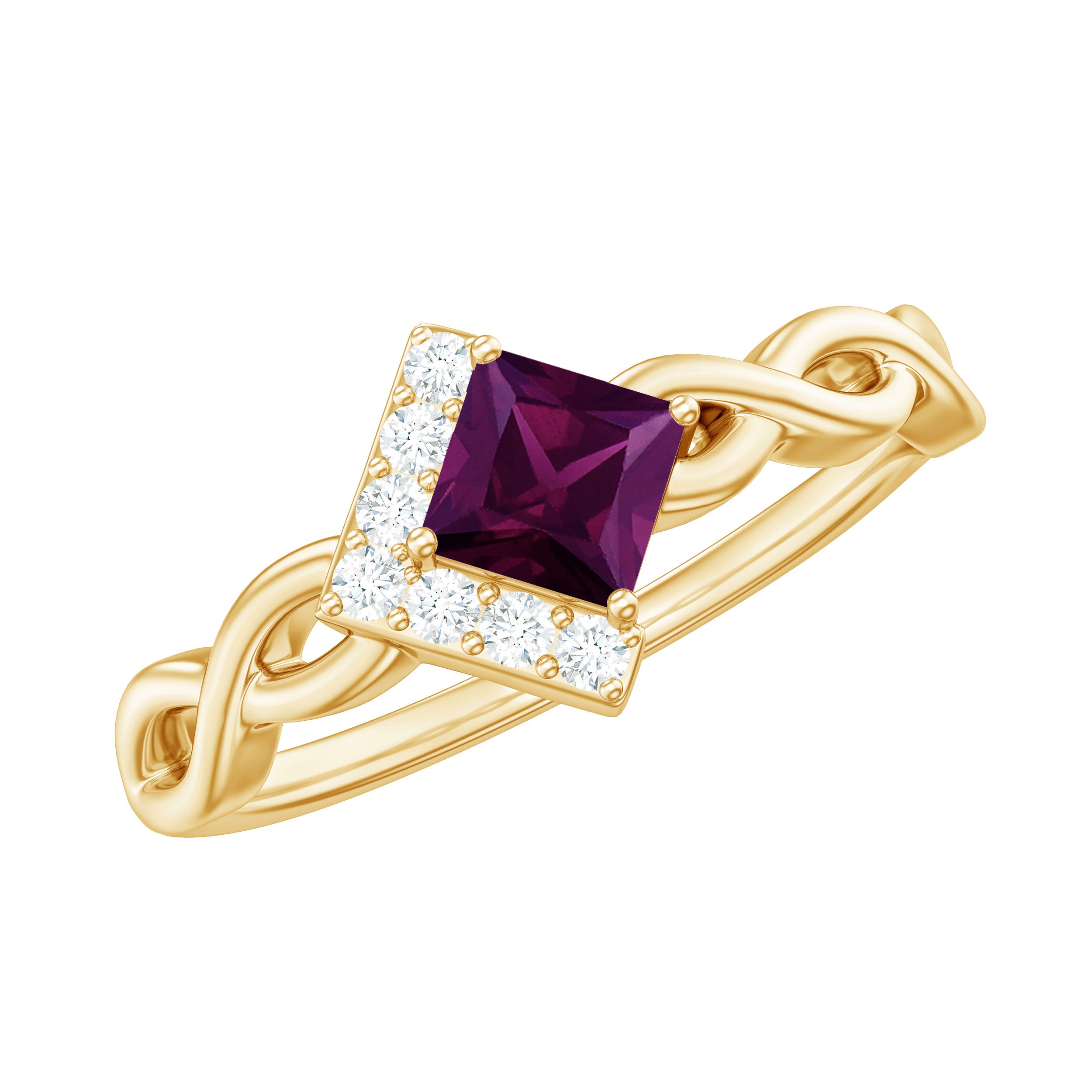 Princess Cut Rhodolite Promise Ring with Diamond Half Halo Rhodolite - ( AAA ) - Quality - Rosec Jewels