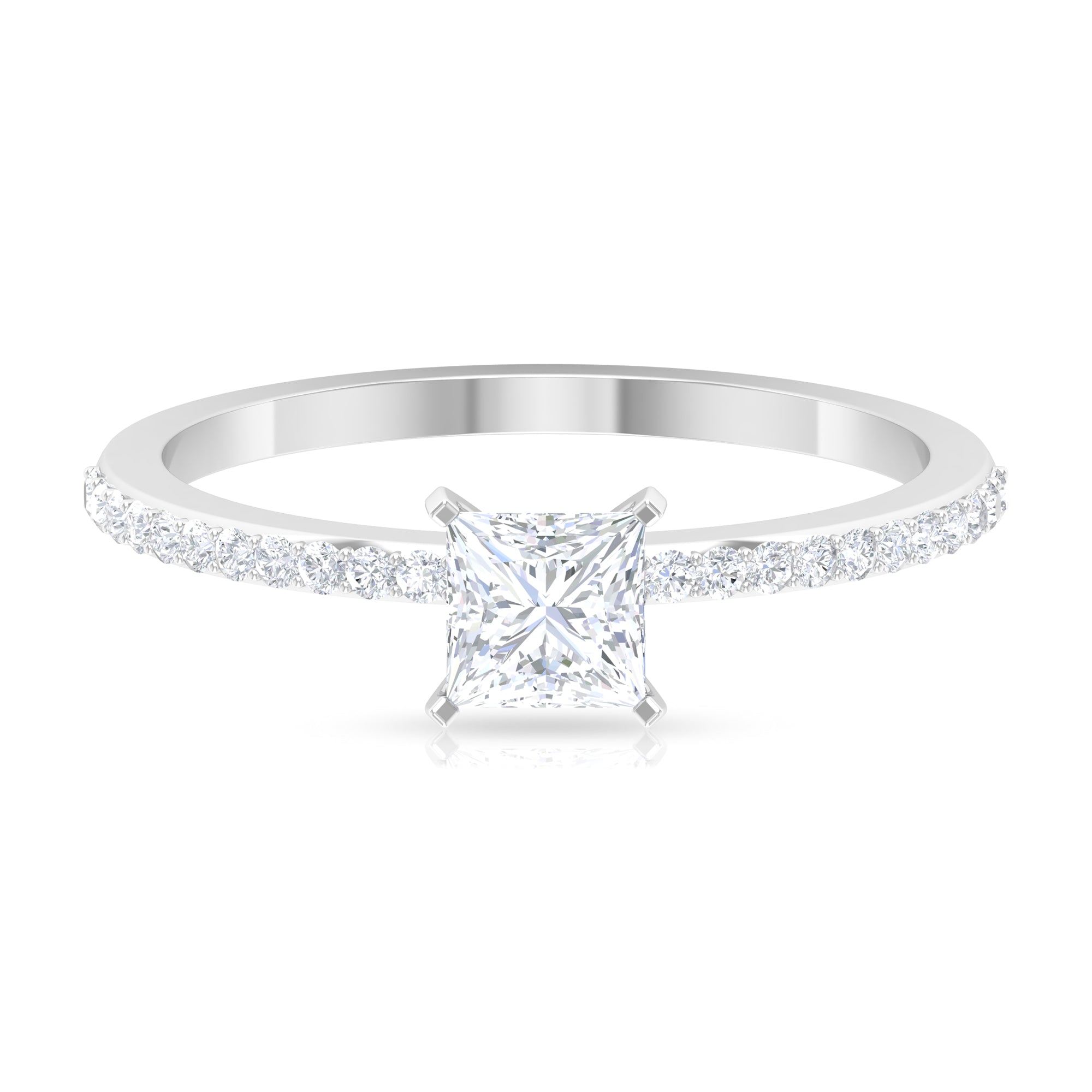 3/4 CT Princess Cut Cubic Zircon Solitaire Ring with Side Stones Zircon - ( AAAA ) - Quality - Rosec Jewels