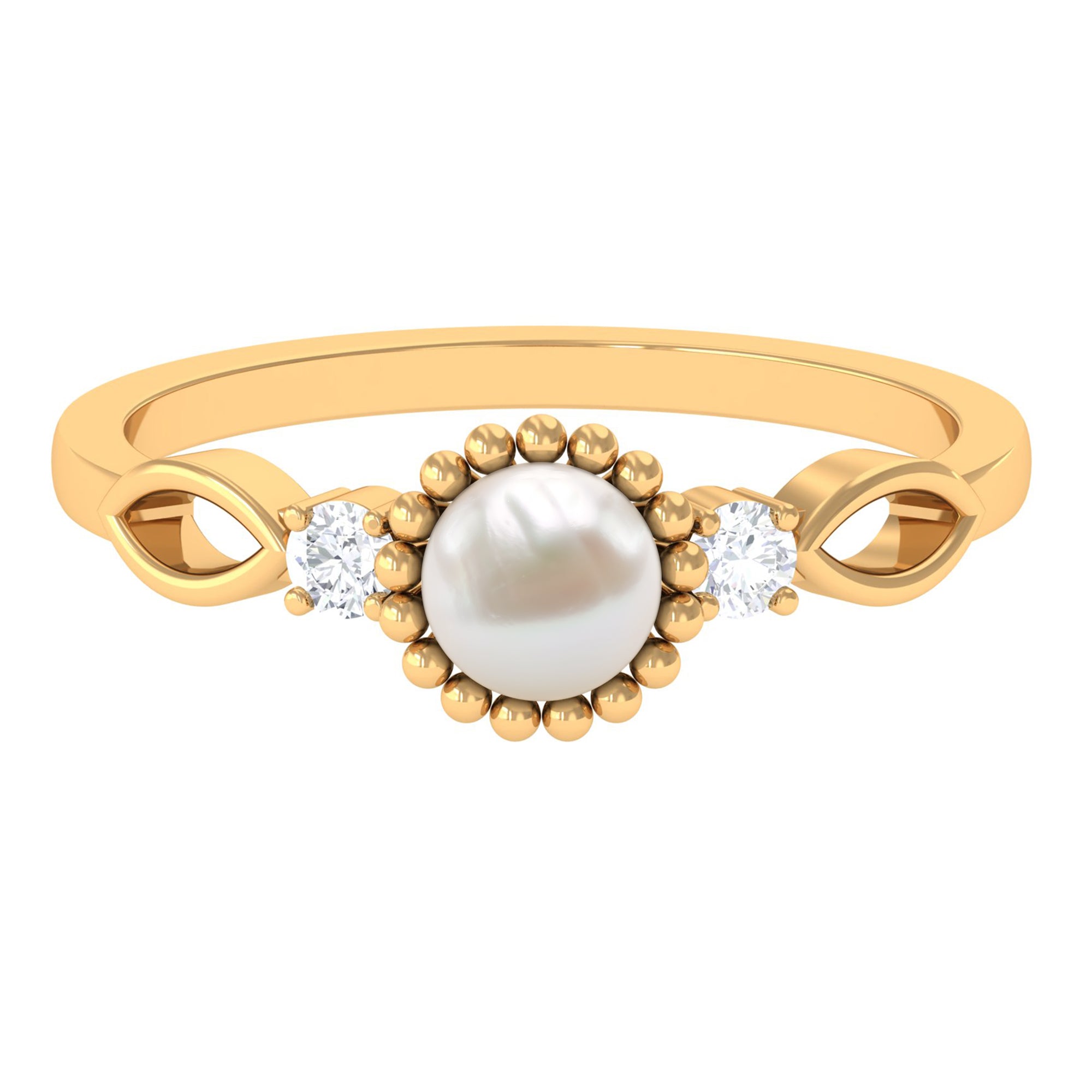 Round Freshwater Pearl Solitaire Ring with Diamond Freshwater Pearl - ( AAA ) - Quality - Rosec Jewels