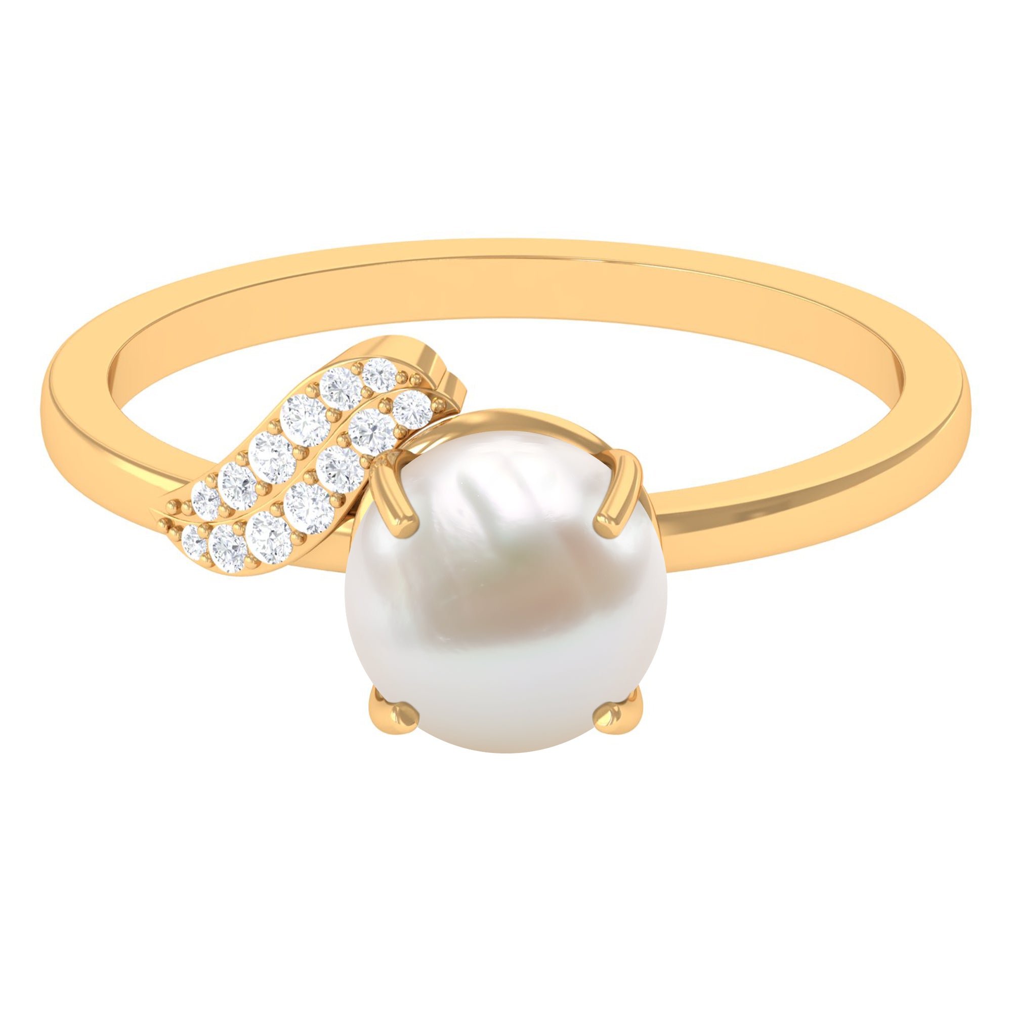 Classic Freshwater Pearl Solitaire Ring with Diamond Leaf Freshwater Pearl - ( AAA ) - Quality - Rosec Jewels