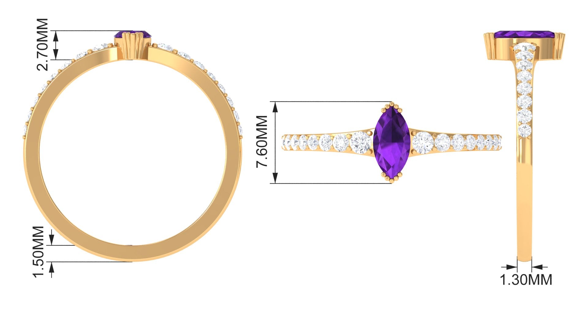 Minimal Marquise Amethyst Engagement Ring with Diamond Amethyst - ( AAA ) - Quality - Rosec Jewels