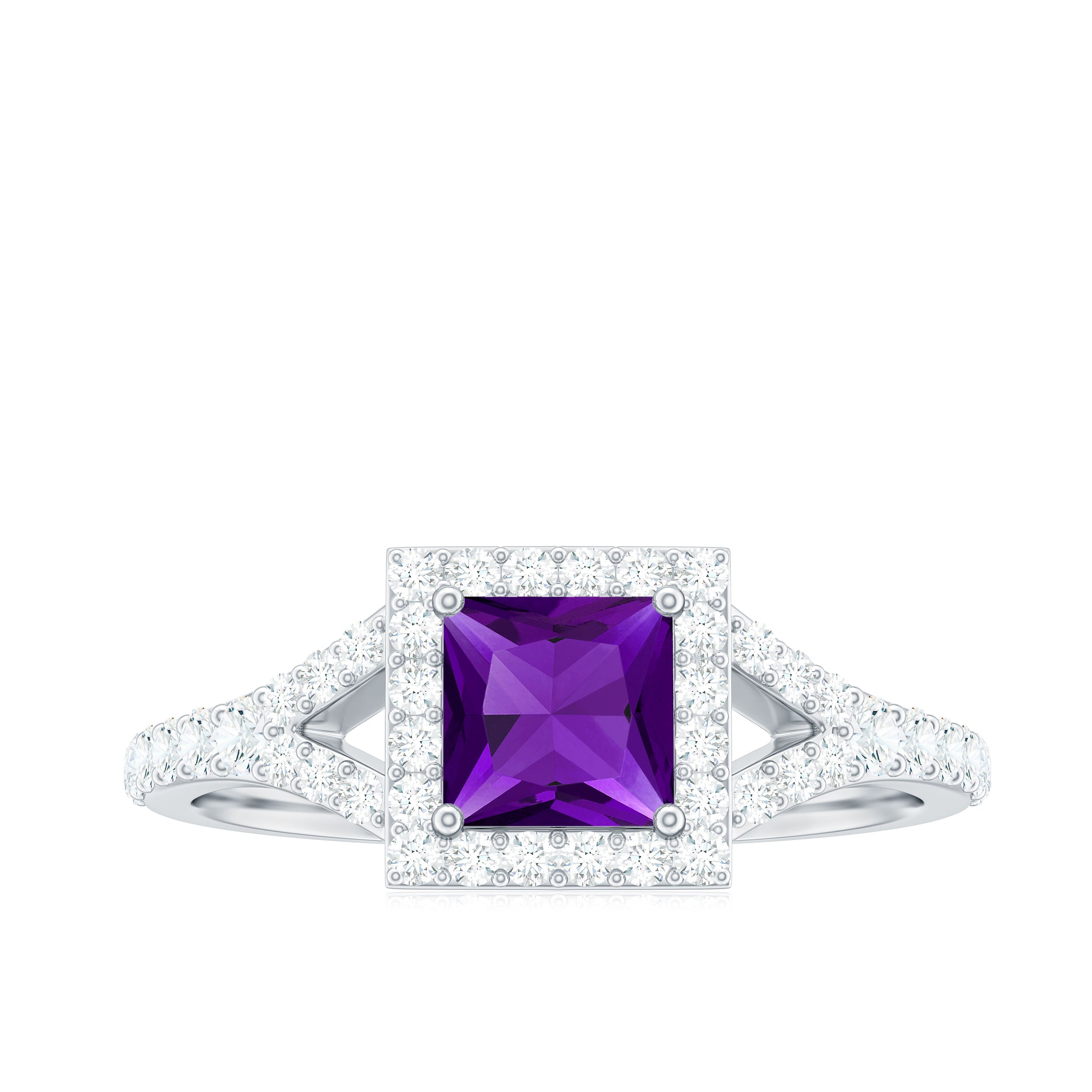 Amethyst Split Shank Halo Engagement Ring with Moissanite Amethyst - ( AAA ) - Quality - Rosec Jewels