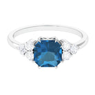 Asscher Cut London Blue Topaz Solitaire Ring with Diamond Trio London Blue Topaz - ( AAA ) - Quality - Rosec Jewels