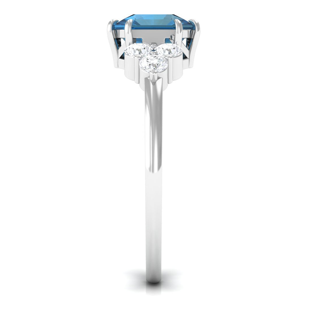 Asscher Cut London Blue Topaz Solitaire Ring with Diamond Trio London Blue Topaz - ( AAA ) - Quality - Rosec Jewels