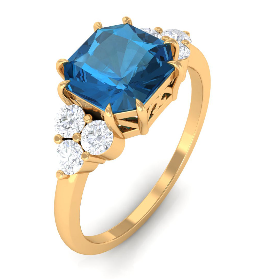 Asscher Cut London Blue Topaz Solitaire Ring with Diamond Trio London Blue Topaz - ( AAA ) - Quality - Rosec Jewels