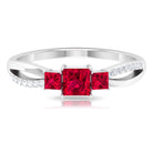 Princess Cut Three Stone Ruby Engagement Ring with Diamond Ruby - ( AAA ) - Quality - Rosec Jewels