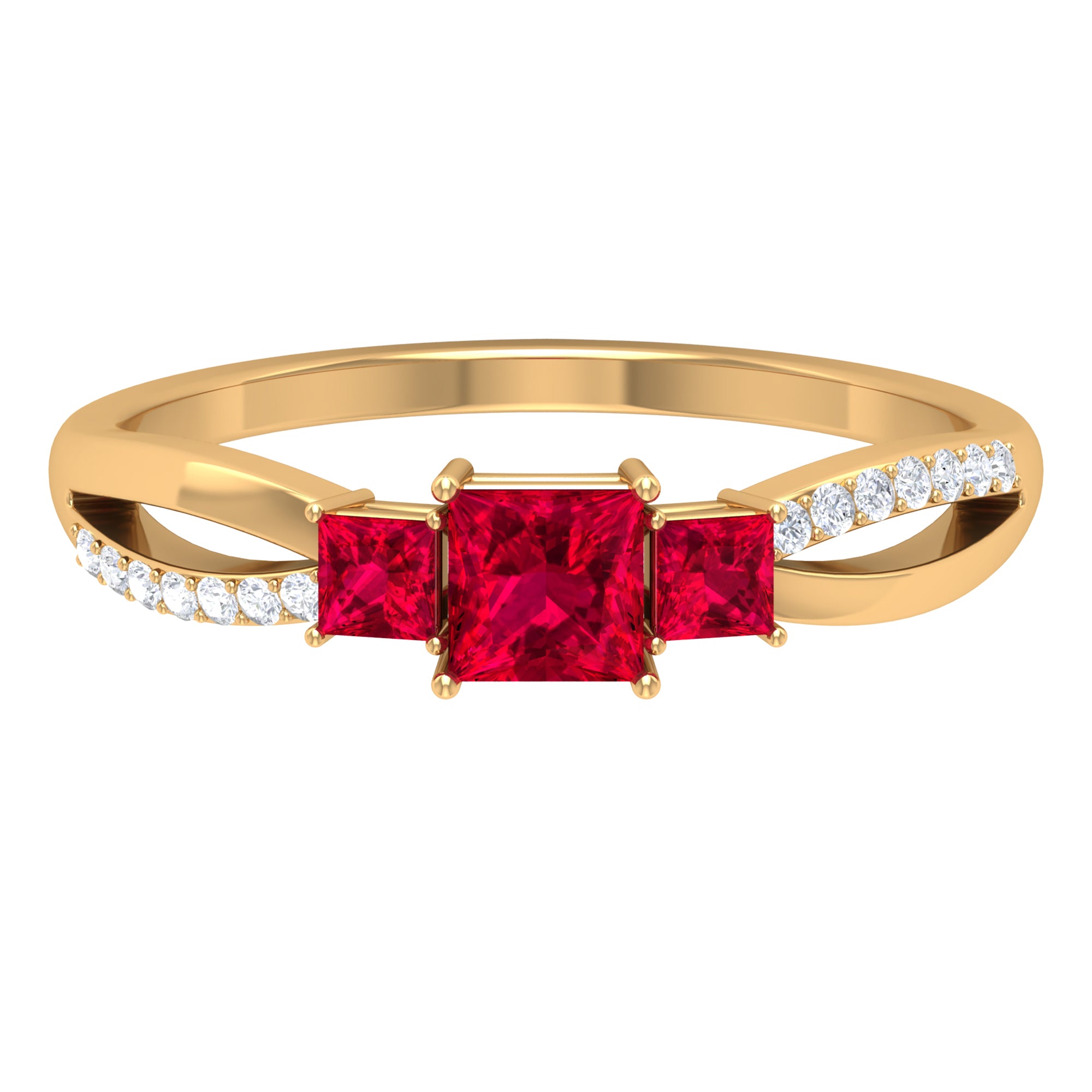 Princess Cut Three Stone Ruby Engagement Ring with Diamond Ruby - ( AAA ) - Quality - Rosec Jewels