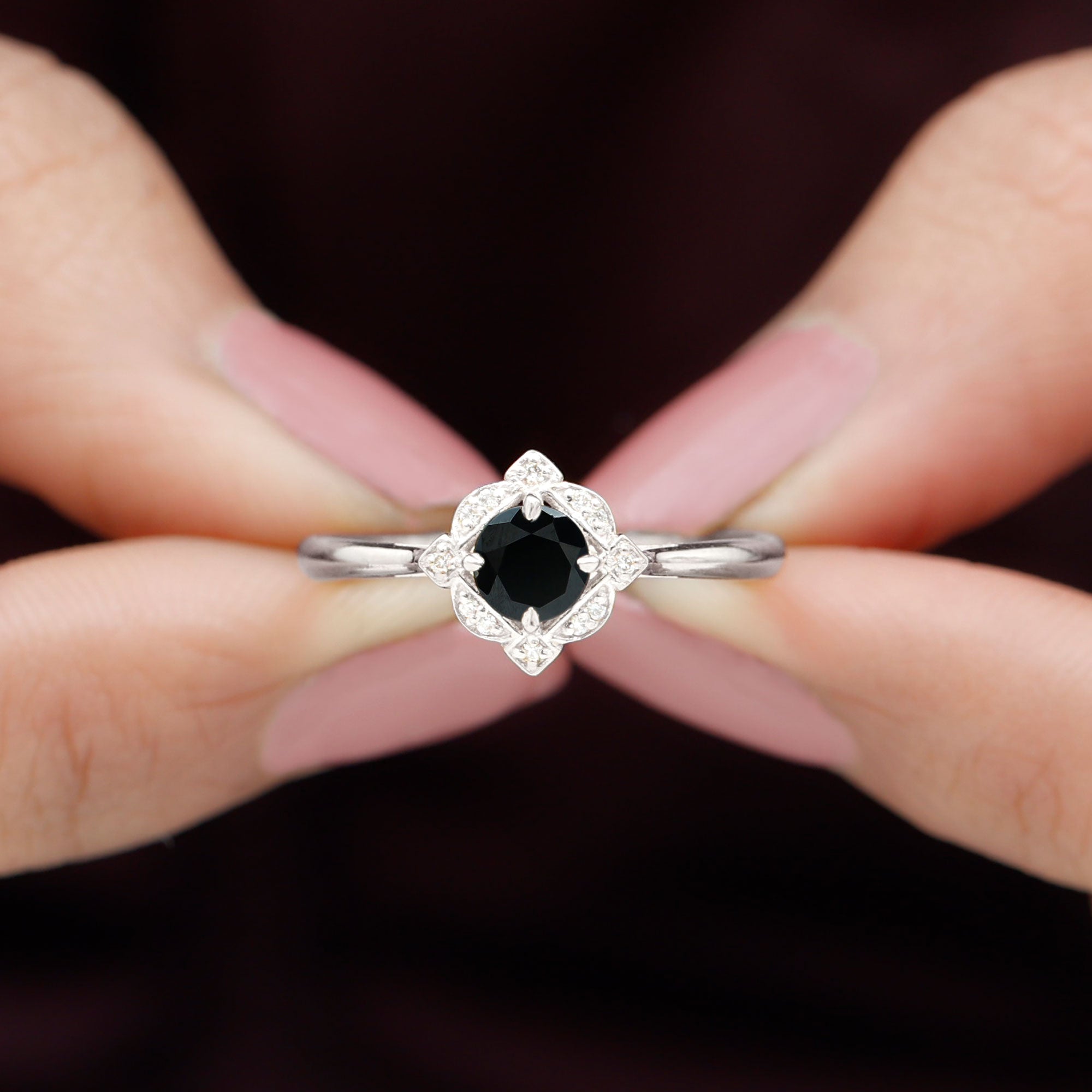 Vintage Inspired Black and White Diamond Engagement Ring Black Diamond - ( AAA ) - Quality - Rosec Jewels