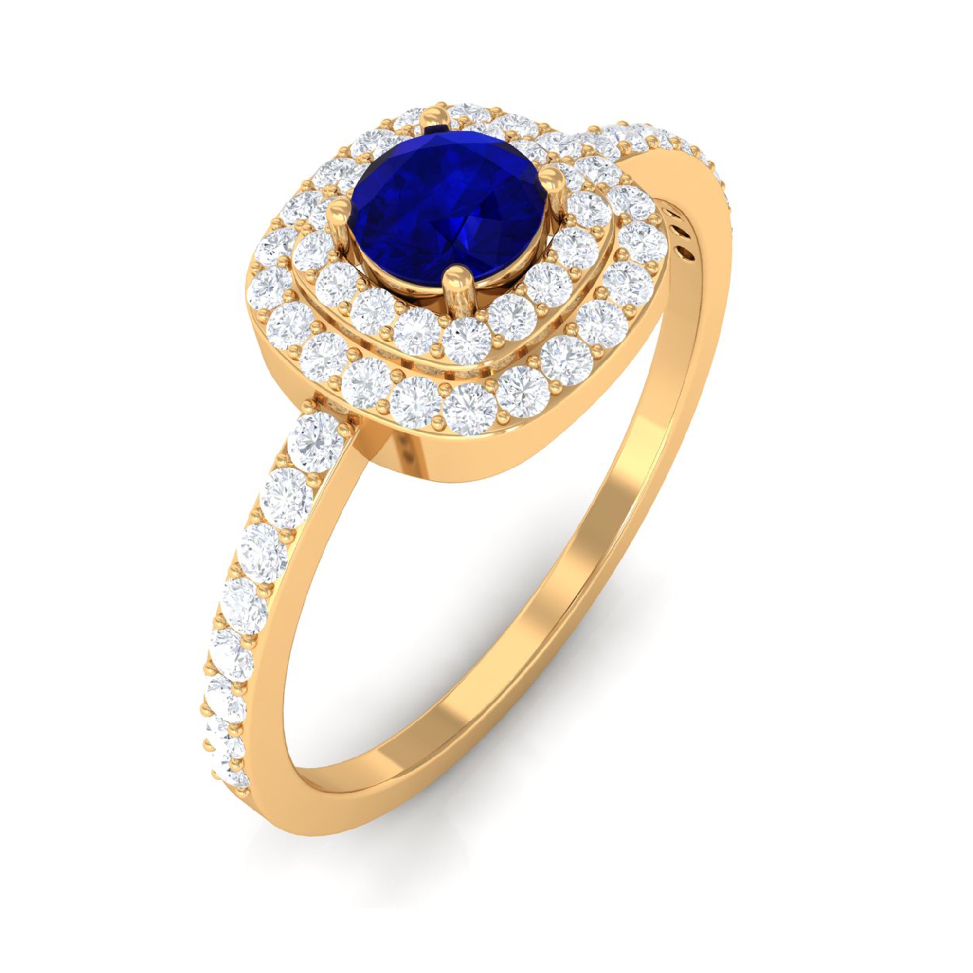 3/4 CT Classic Blue Sapphire Double Halo Engagement Ring with Diamond Blue Sapphire - ( AAA ) - Quality - Rosec Jewels