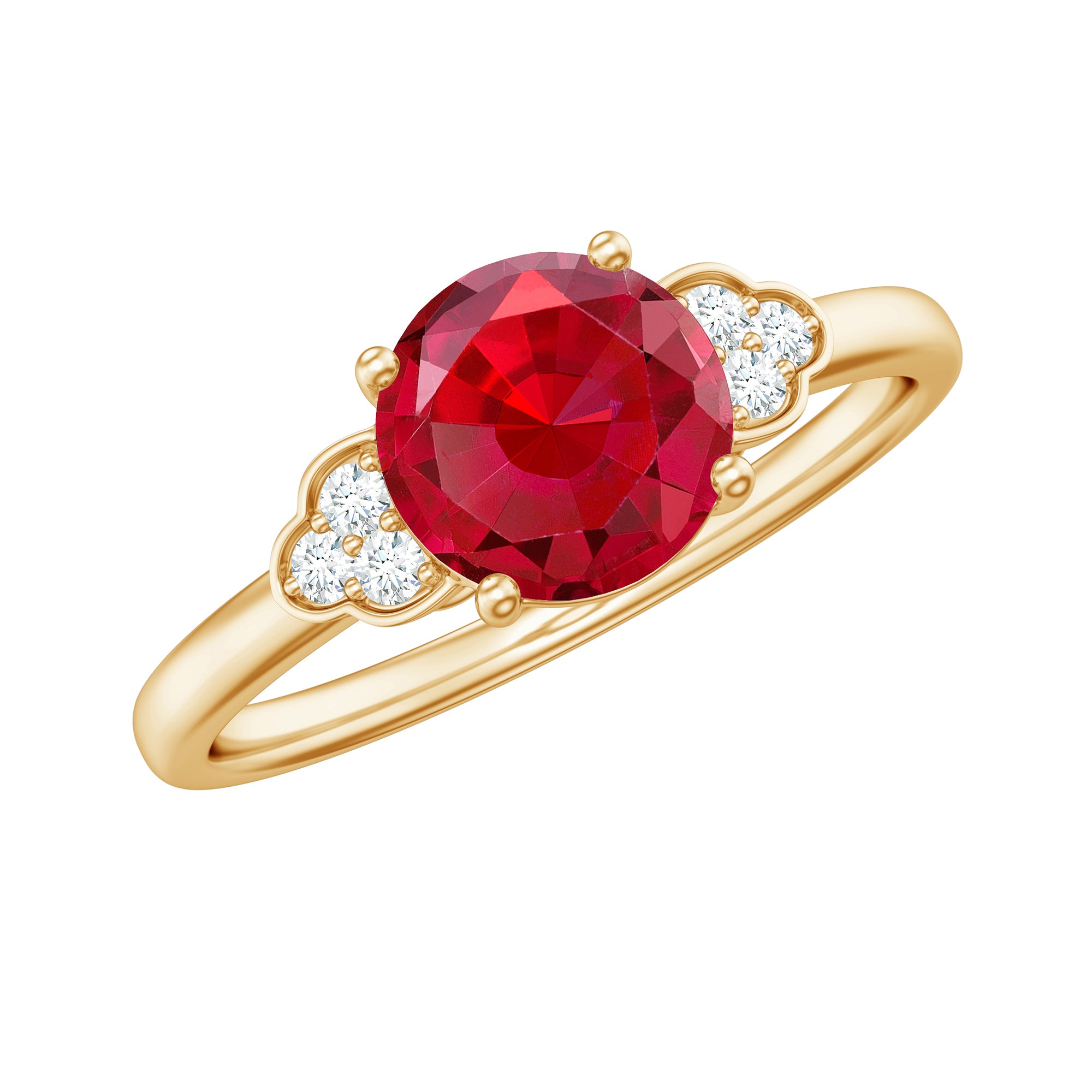 Lab Grown Ruby Solitaire Engagement Ring with Diamond Trio Lab Created Ruby - ( AAAA ) - Quality - Rosec Jewels