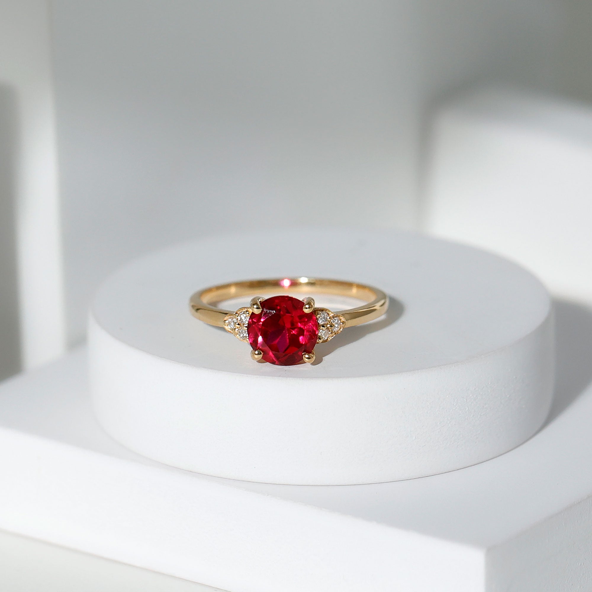 Lab Grown Ruby Solitaire Engagement Ring with Diamond Trio Lab Created Ruby - ( AAAA ) - Quality - Rosec Jewels