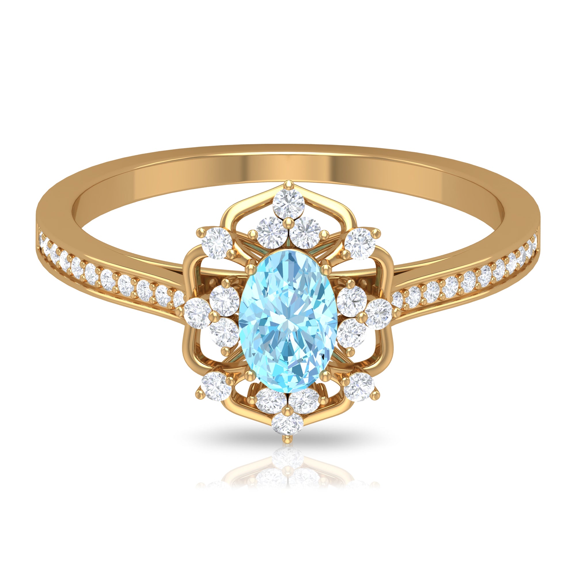 Vintage Style Aquamarine Flower Engagement Ring with Diamond Aquamarine - ( AAA ) - Quality - Rosec Jewels