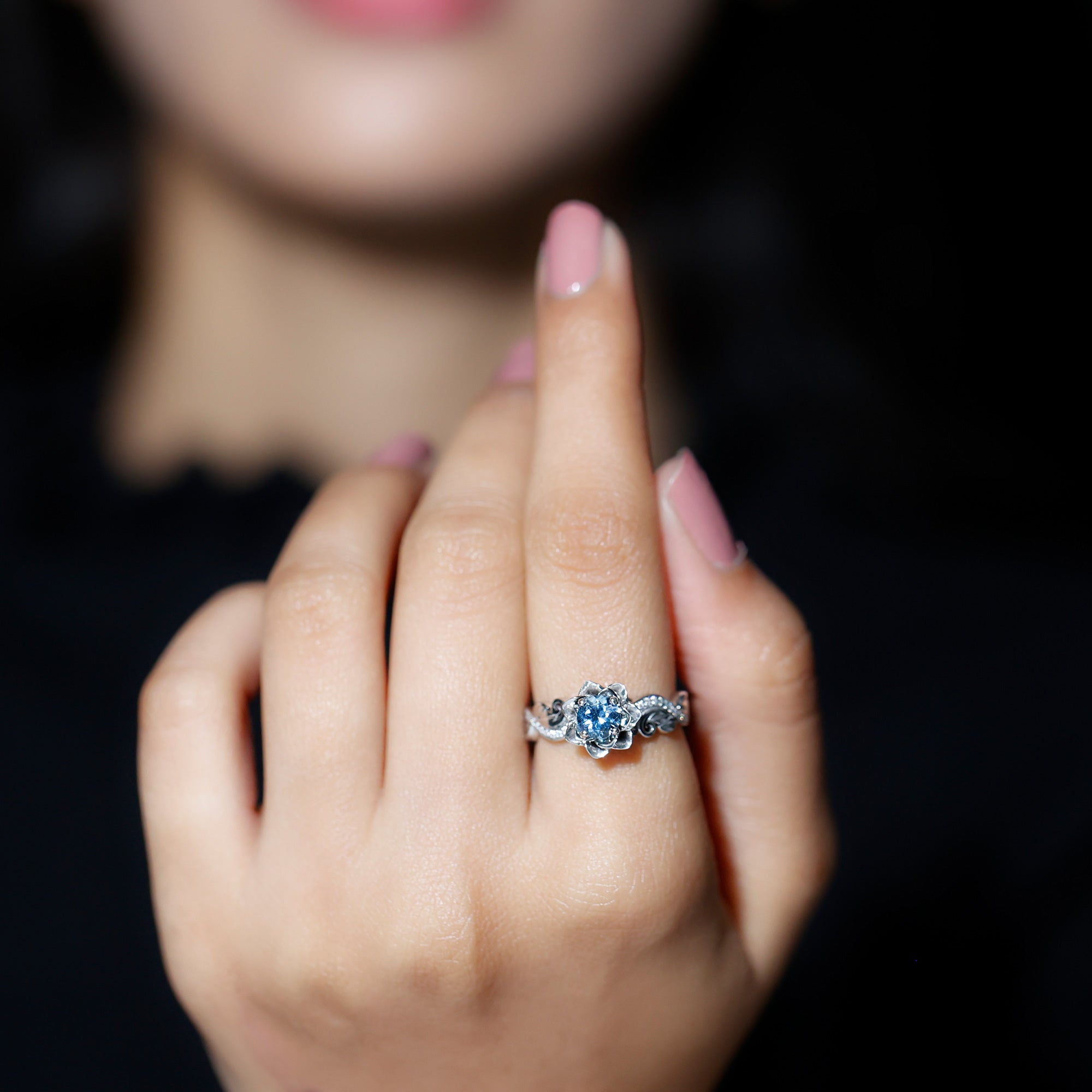 Flower Inspired Aquamarine and Diamond Engagement Ring Aquamarine - ( AAA ) - Quality - Rosec Jewels