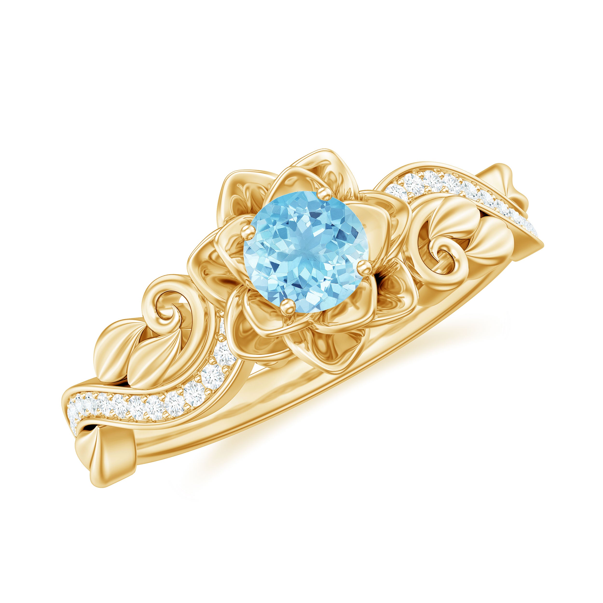 Flower Inspired Aquamarine and Diamond Engagement Ring Aquamarine - ( AAA ) - Quality - Rosec Jewels