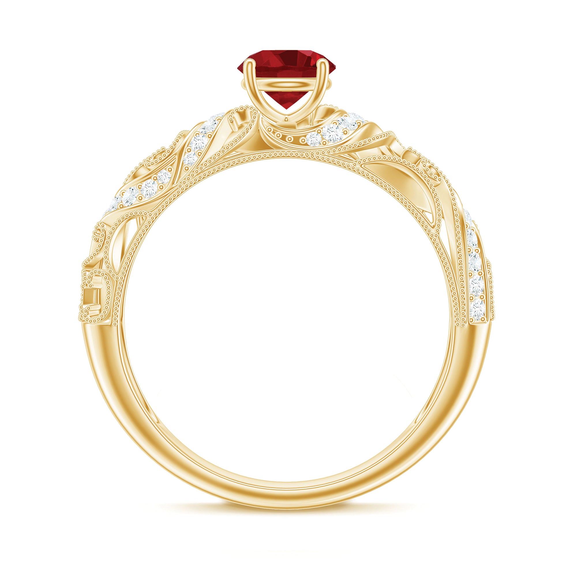 Round Created Ruby Vintage Style Engagement Ring with Diamond Lab Created Ruby - ( AAAA ) - Quality - Rosec Jewels