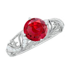 Round Created Ruby Vintage Inspired Engagement Ring with Diamond Lab Created Ruby - ( AAAA ) - Quality - Rosec Jewels