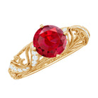 Round Created Ruby Vintage Inspired Engagement Ring with Diamond Lab Created Ruby - ( AAAA ) - Quality - Rosec Jewels