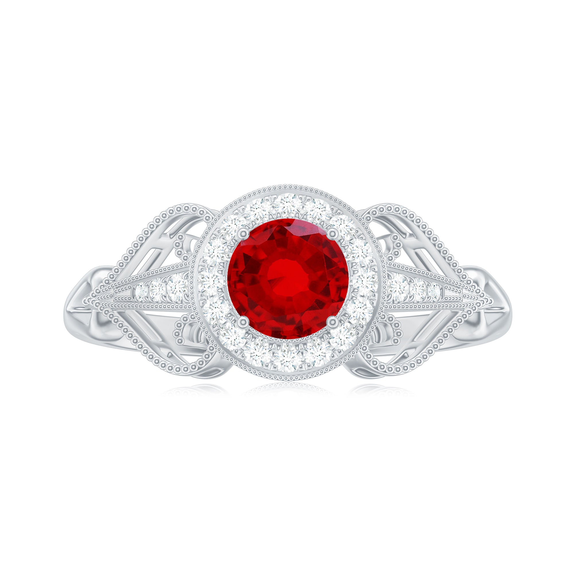 Vintage Inspired Created Ruby and Diamond Engagement Ring Lab Created Ruby - ( AAAA ) - Quality - Rosec Jewels