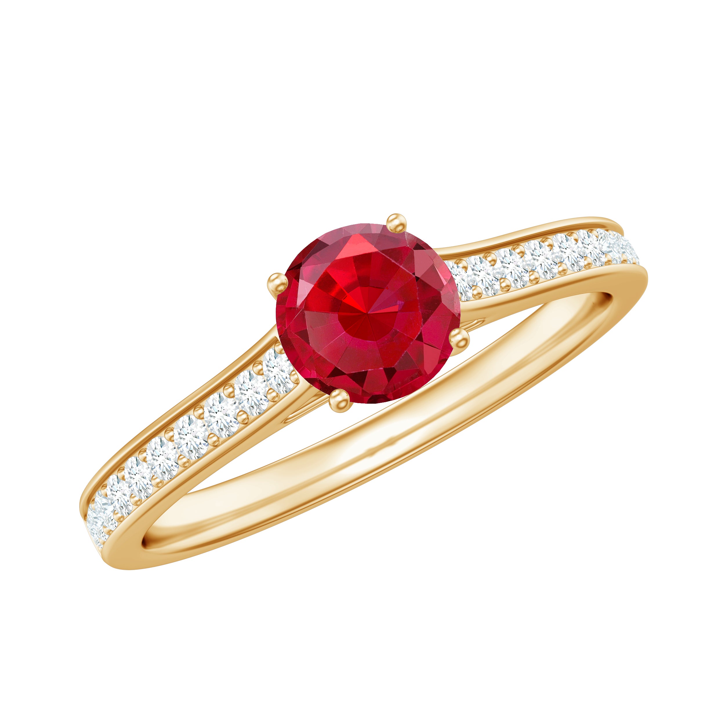 Round Lab Grown Ruby Solitaire Engagement Ring with Diamond Side Stones Lab Created Ruby - ( AAAA ) - Quality - Rosec Jewels