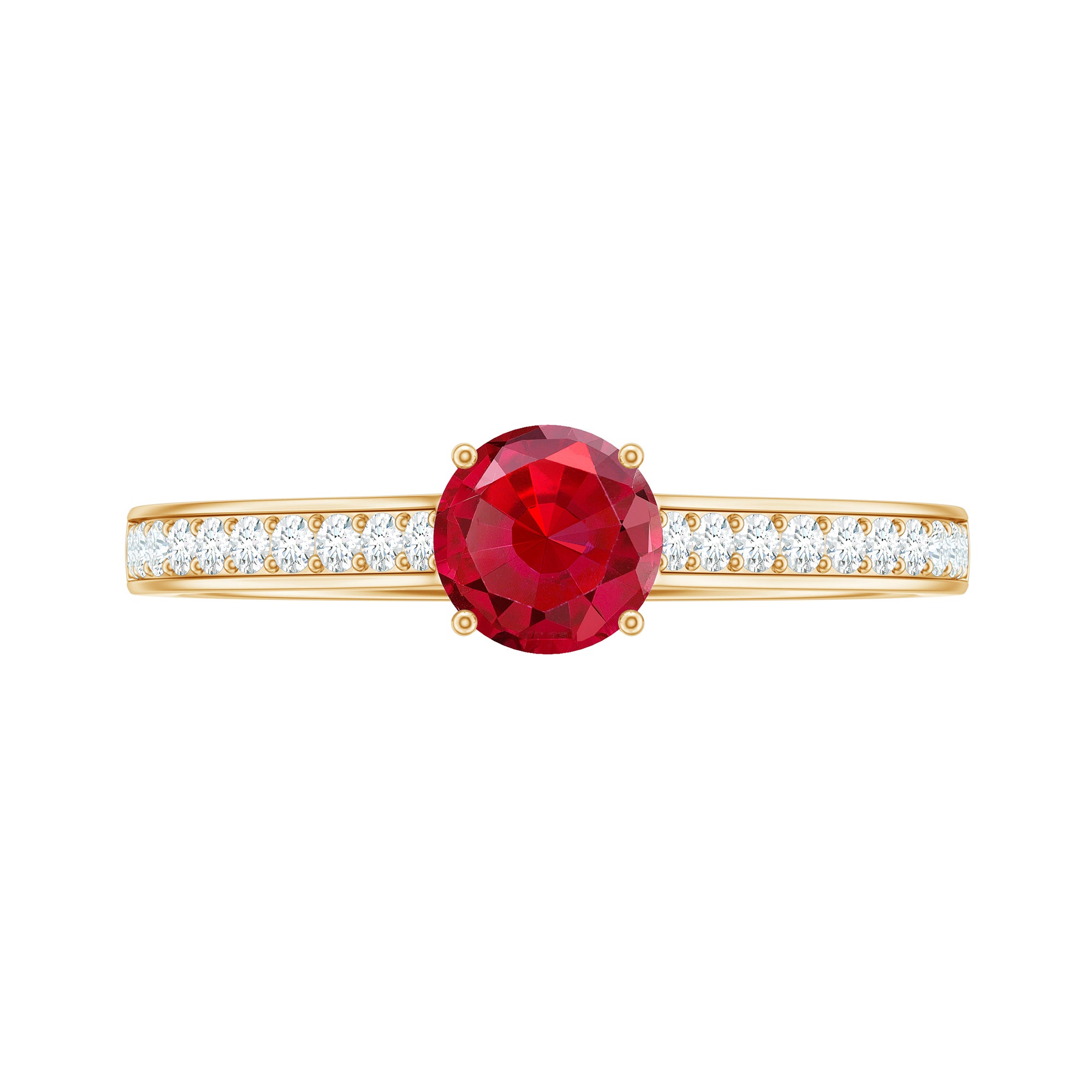 Round Lab Grown Ruby Solitaire Engagement Ring with Diamond Side Stones Lab Created Ruby - ( AAAA ) - Quality - Rosec Jewels