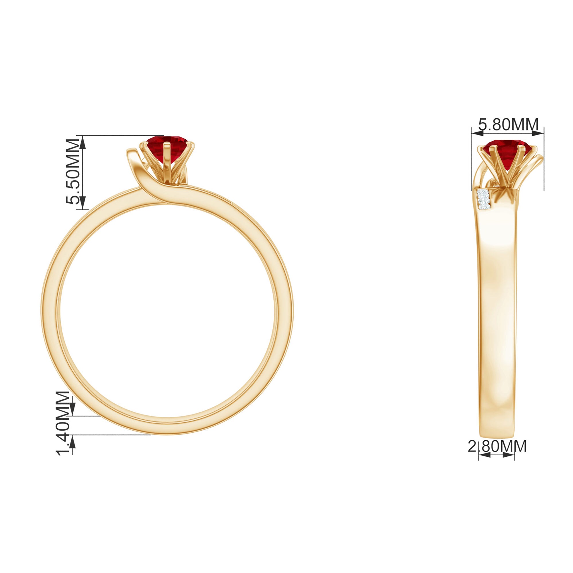 Created Ruby Solitaire Band Ring with Diamond Lab Created Ruby - ( AAAA ) - Quality - Rosec Jewels