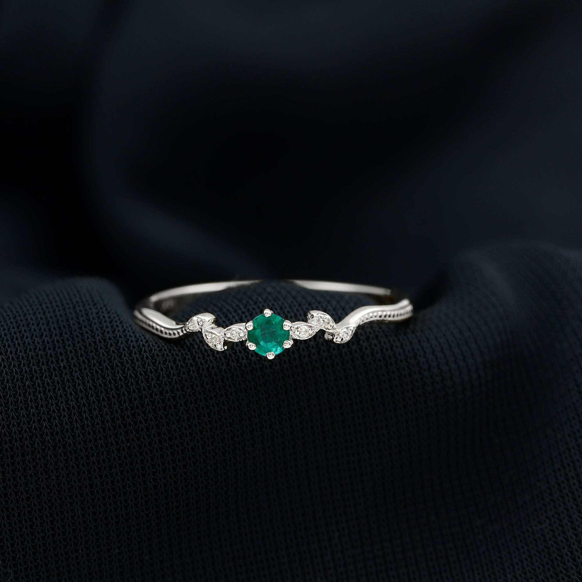 Real Emerald and Diamond Leaf Promise Ring Emerald - ( AAA ) - Quality - Rosec Jewels