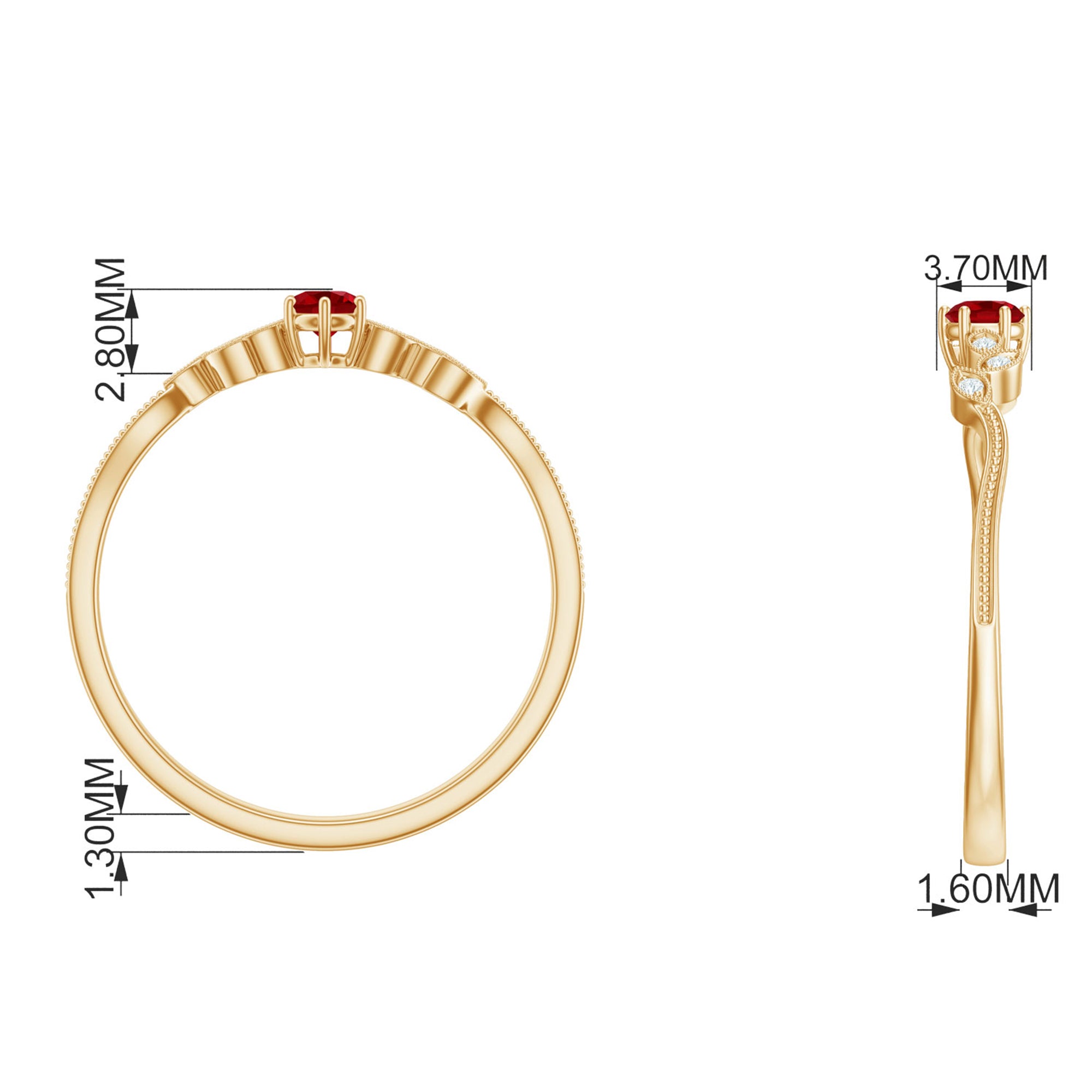 Created Ruby and Diamond Leaf Promise Ring with Beaded Gold Lab Created Ruby - ( AAAA ) - Quality - Rosec Jewels