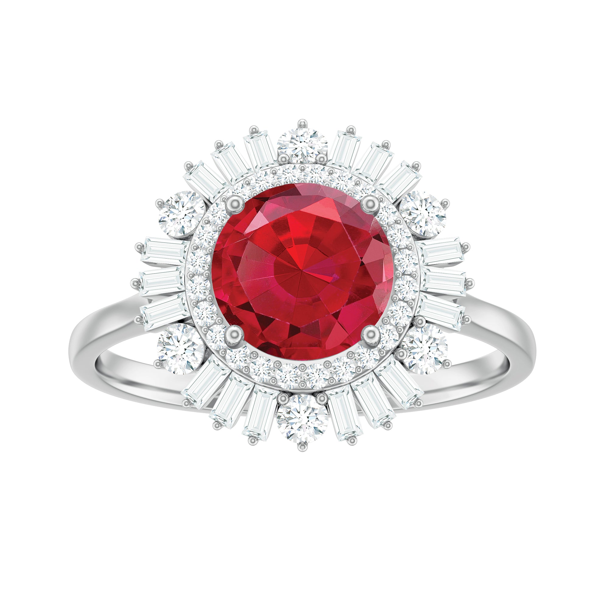 Round Created Ruby Cocktail Ring with Moissanite Double Halo Lab Created Ruby - ( AAAA ) - Quality - Rosec Jewels