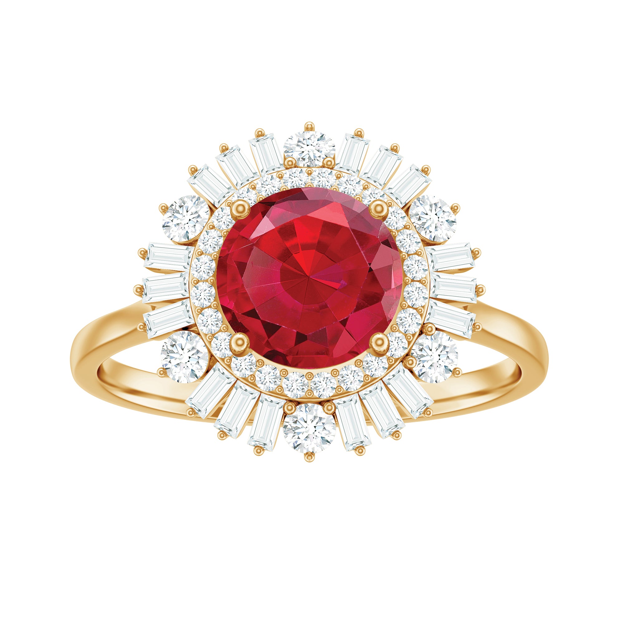 Round Created Ruby Cocktail Ring with Moissanite Double Halo Lab Created Ruby - ( AAAA ) - Quality - Rosec Jewels