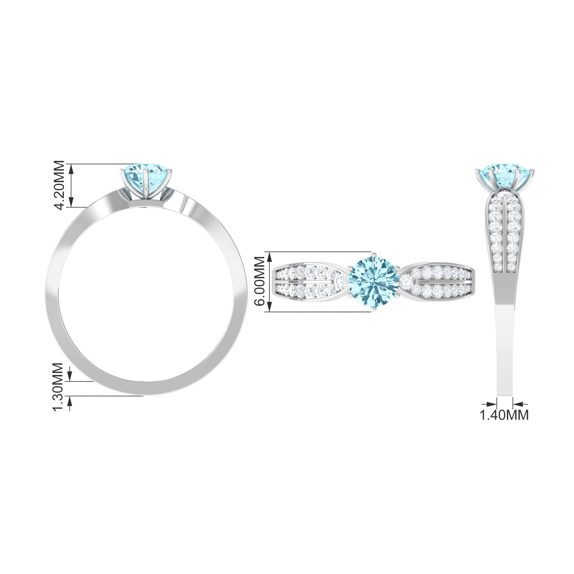 Real Aquamarine Elegant Engagement Ring with Diamond Side Stones Aquamarine - ( AAA ) - Quality - Rosec Jewels