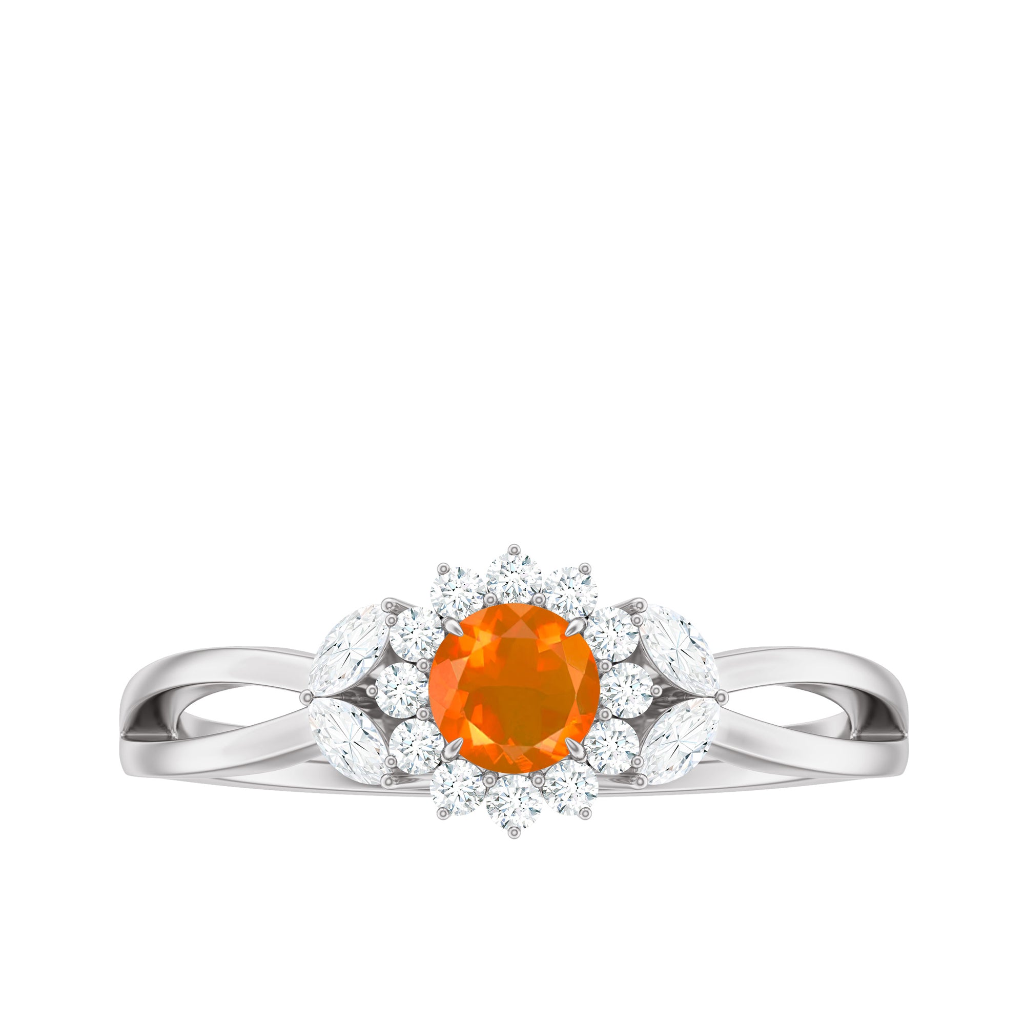 Fire Opal and Diamond Flower Engagement Ring with Split Shank Fire Opal - ( AAA ) - Quality - Rosec Jewels