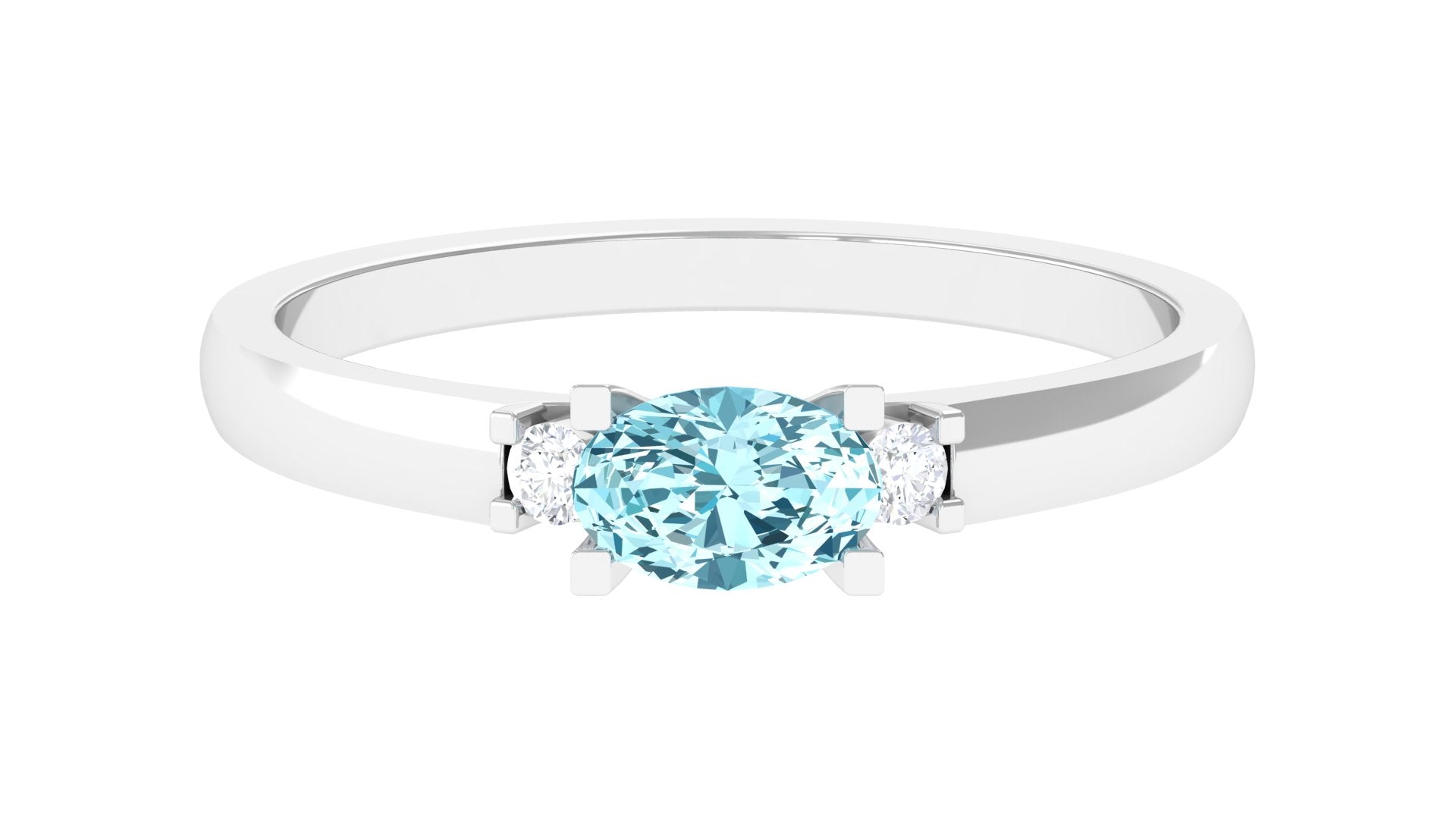 Oval Aquamarine East West Promise Ring with Diamond Aquamarine - ( AAA ) - Quality - Rosec Jewels