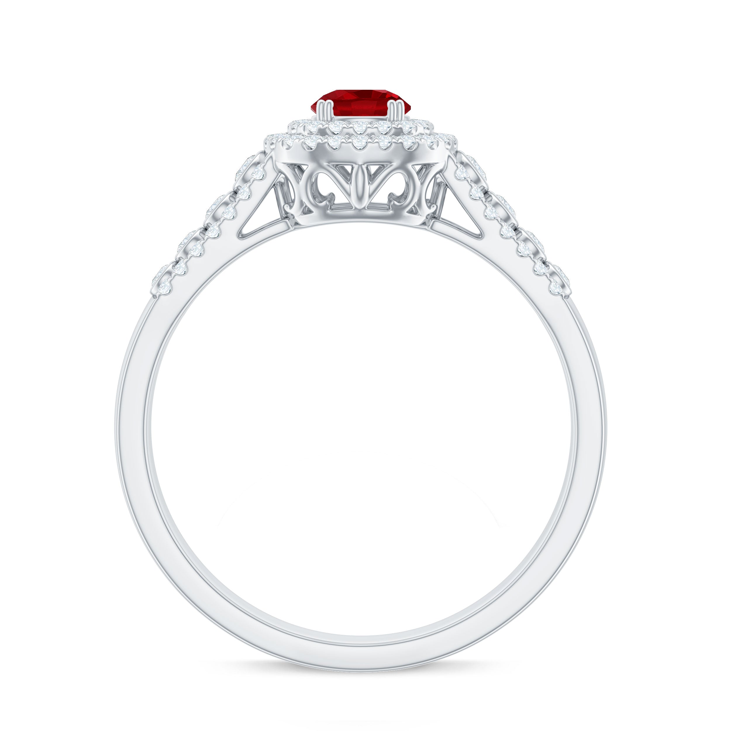 Classic Created Ruby and Moissanite Double Halo Engagement Ring Lab Created Ruby - ( AAAA ) - Quality - Rosec Jewels