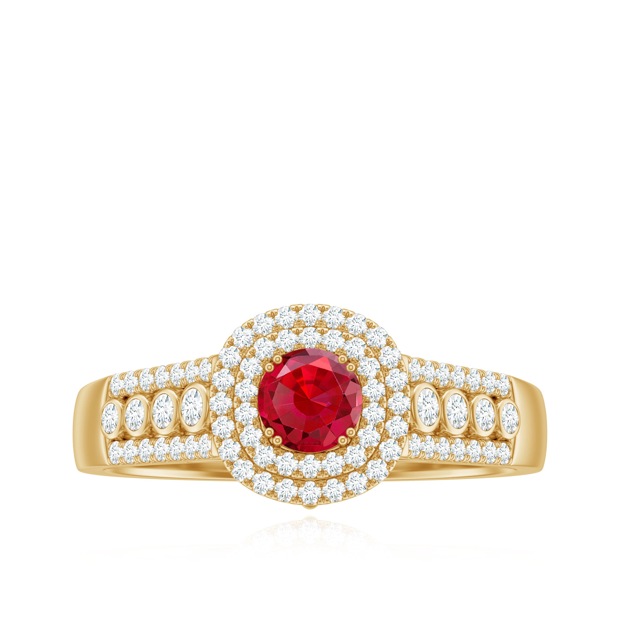 Classic Created Ruby and Moissanite Double Halo Engagement Ring Lab Created Ruby - ( AAAA ) - Quality - Rosec Jewels