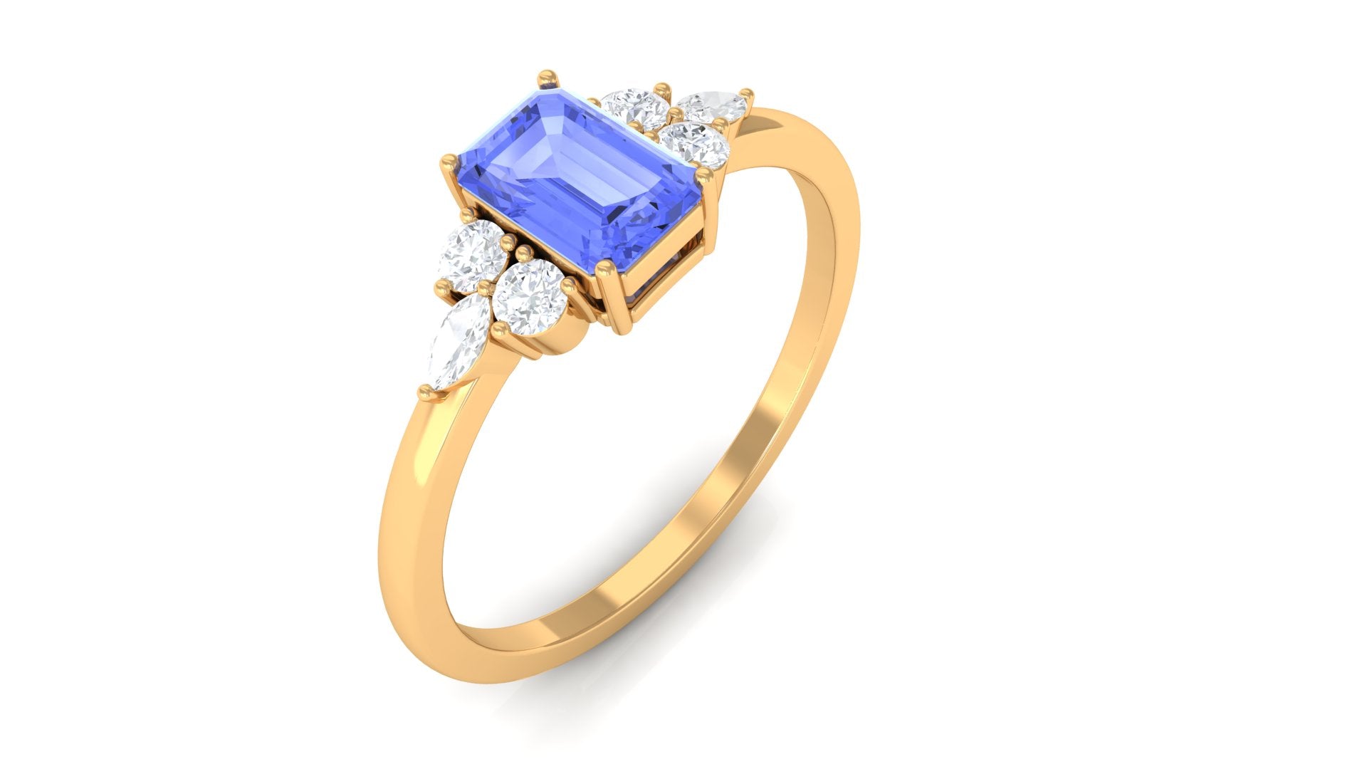 Octagon Cut Solitaire Tanzanite Ring with Diamond Trio Tanzanite - ( AAA ) - Quality - Rosec Jewels