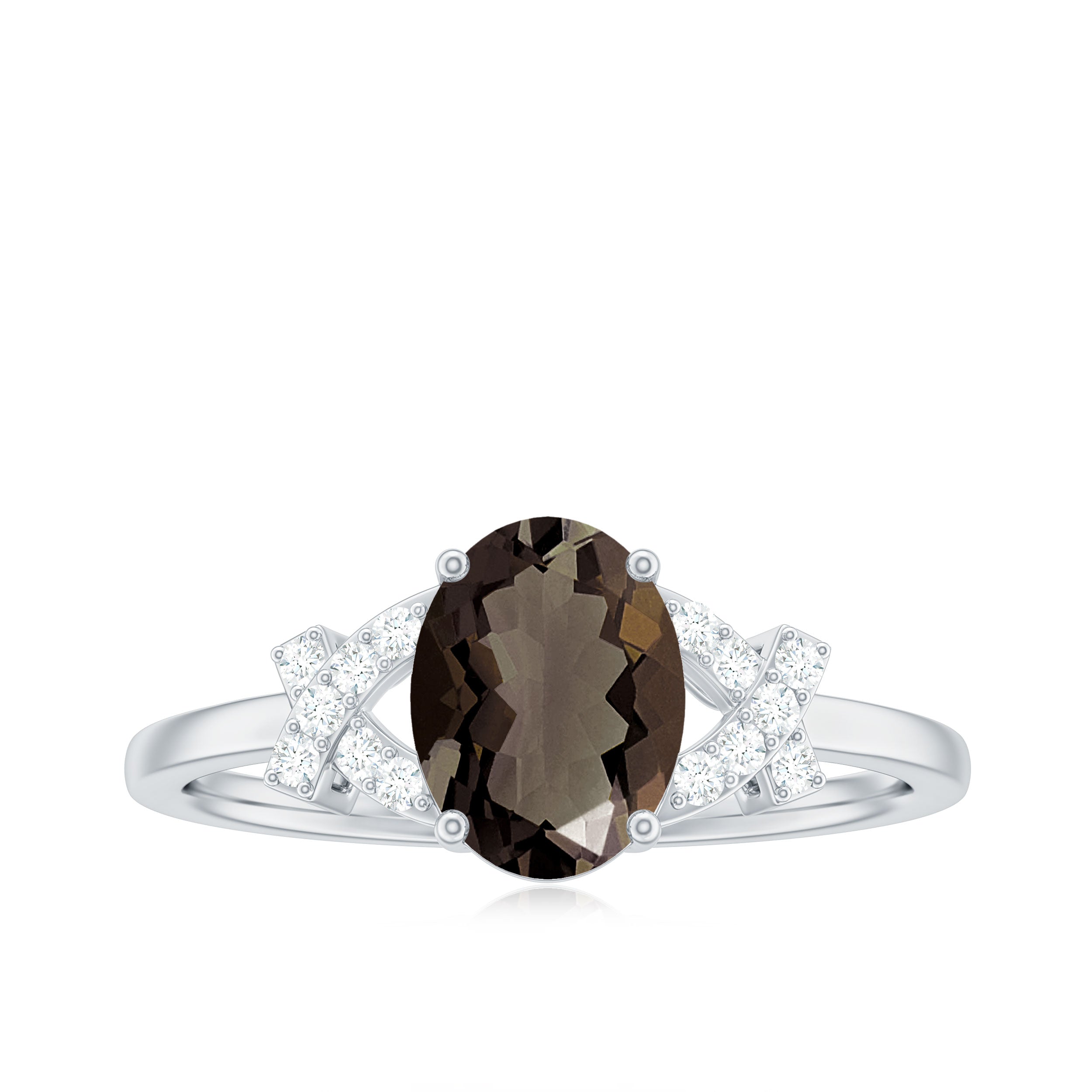 Solitaire Smoky Quartz Split Shank Ring with Diamond Smoky Quartz - ( AAA ) - Quality - Rosec Jewels