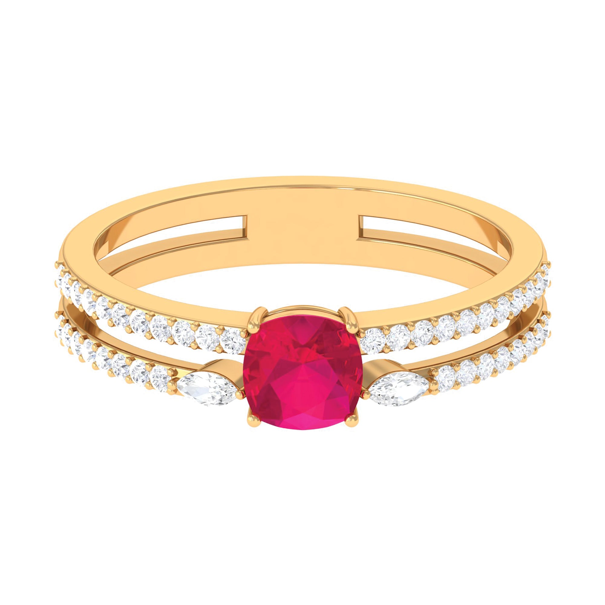 Cushion Cut Ruby Double Band Anniversary Ring with Diamond Ruby - ( AAA ) - Quality - Rosec Jewels